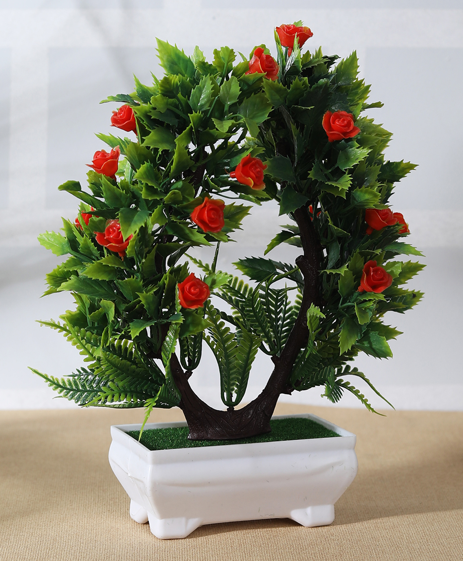 Foliyaj Artificial U Shaped Bonsai Tree with Shemrock Leaves and Orange Roses-image-21