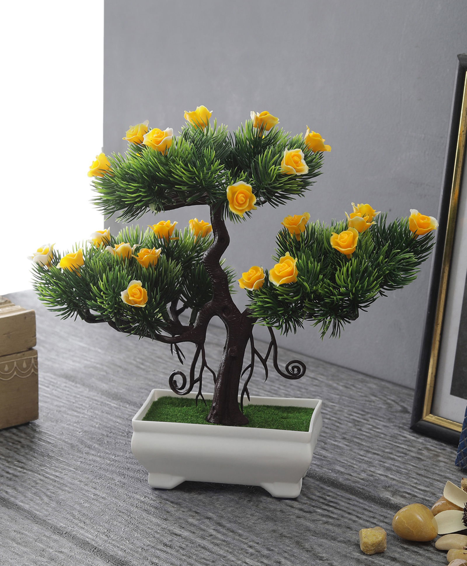 Foliyaj Artificial New 3 Headed Bonsai Tree With Bushy Leaves and Yellow Roses-image-44