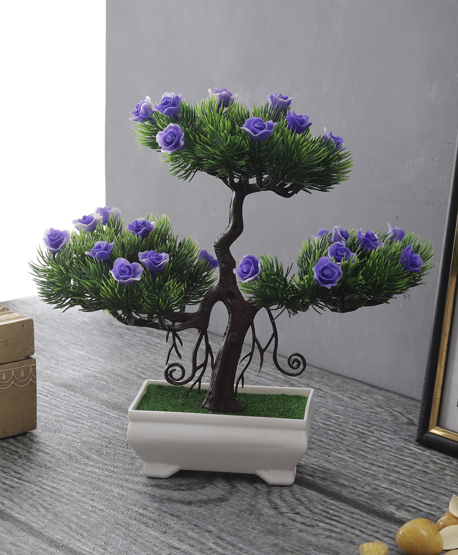 Foliyaj Artificial New 3 Headed Bonsai Tree With Bushy Leaves and Dark Purple Roses-image-47