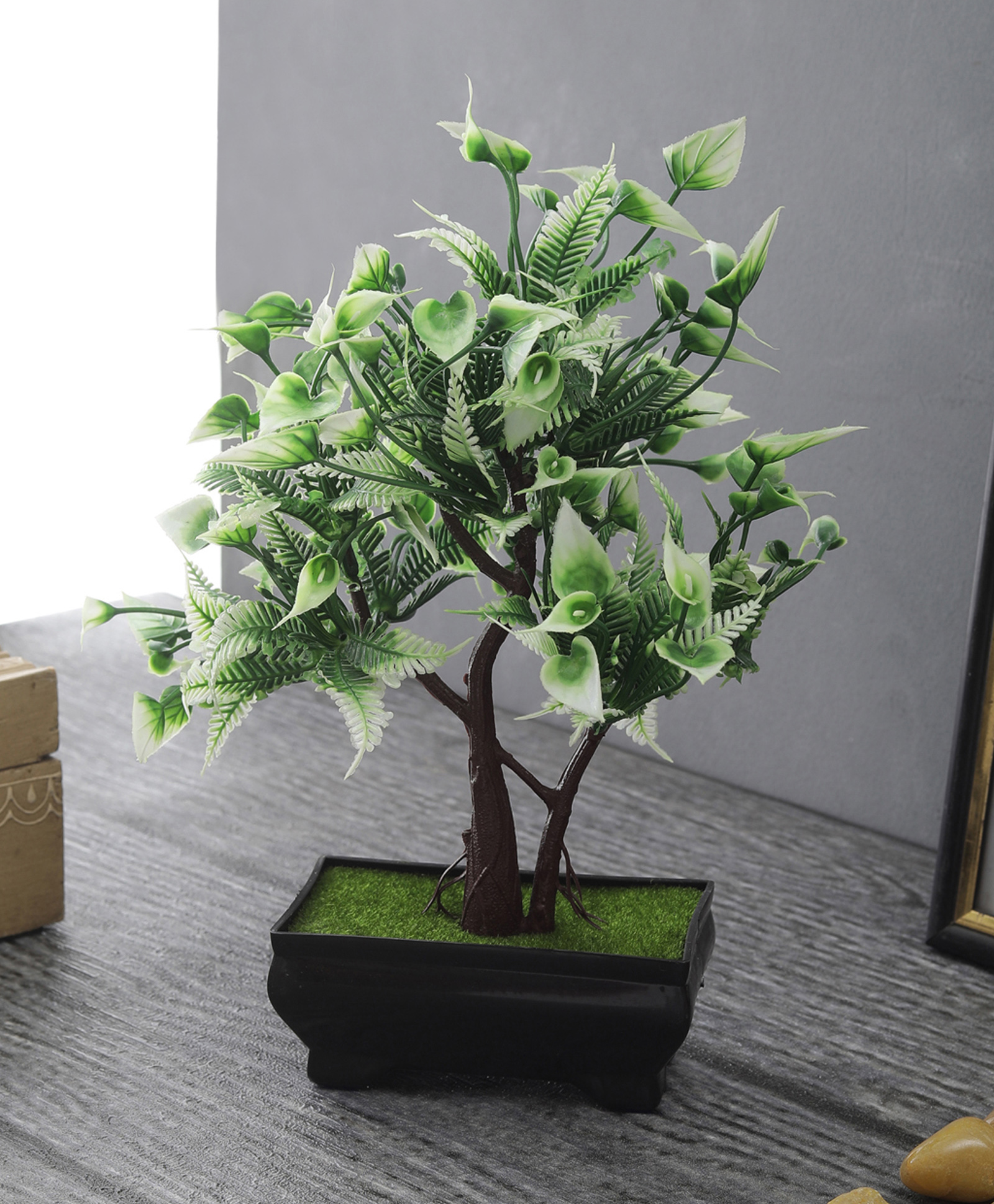 Foliyaj Artificial Twin Trunked Bonsai Tree with Green White Leaves and Flowers-picture-11
