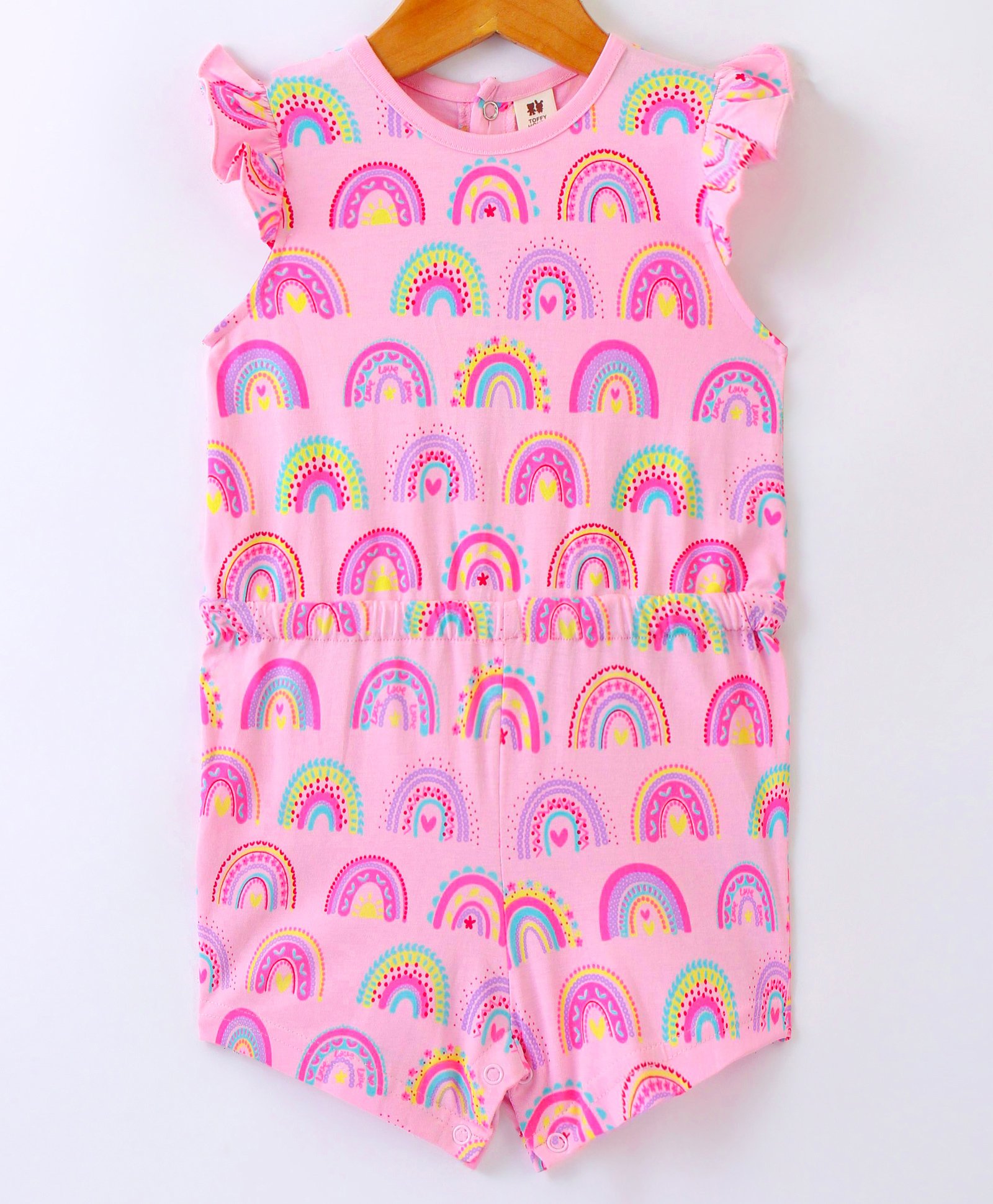 ToffyHouse 100% Cotton Knit Frill  Sleeves Jumpsuit with Rainbow Print - Pink-image-14
