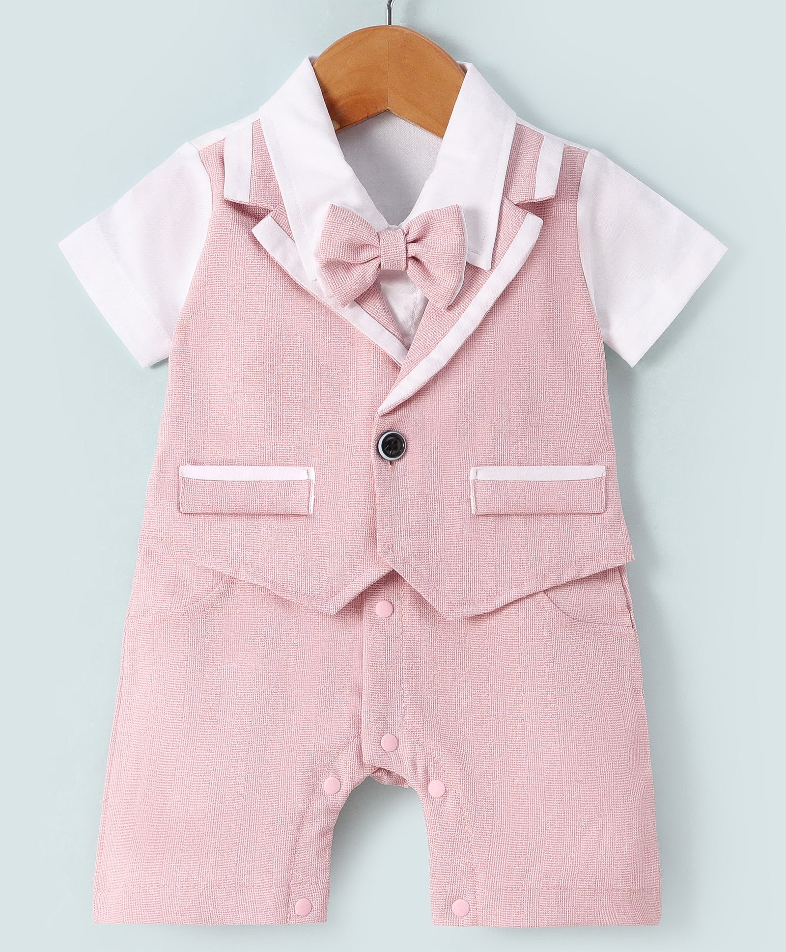 Mark & Mia Half Sleeves Partywear Romper With Bow Solid Colour - Pink & White-image-19