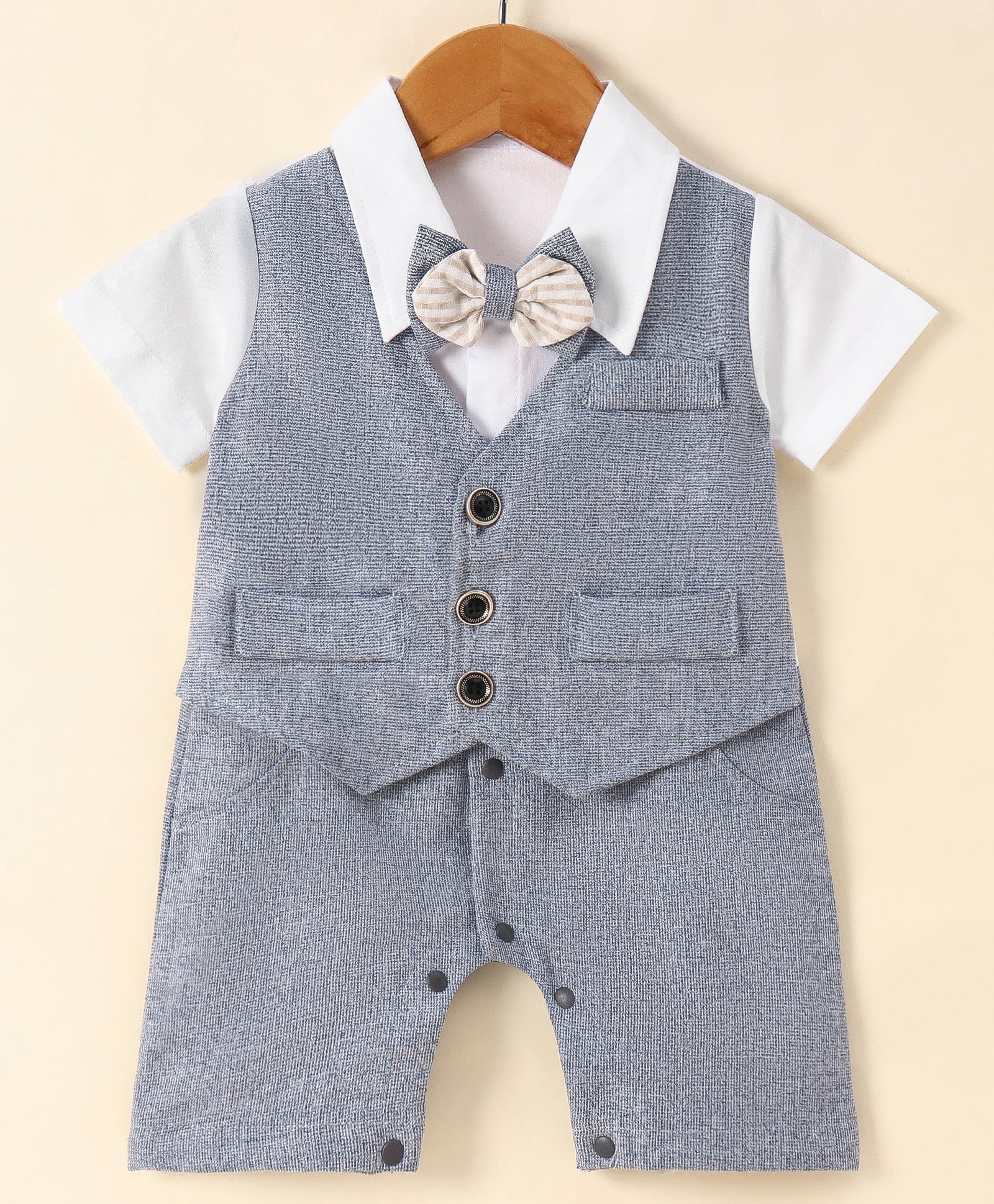 Mark & Mia Half Sleeves Partywear Romper With Bow Detailing Solid Colour - Sky Blue-image-38