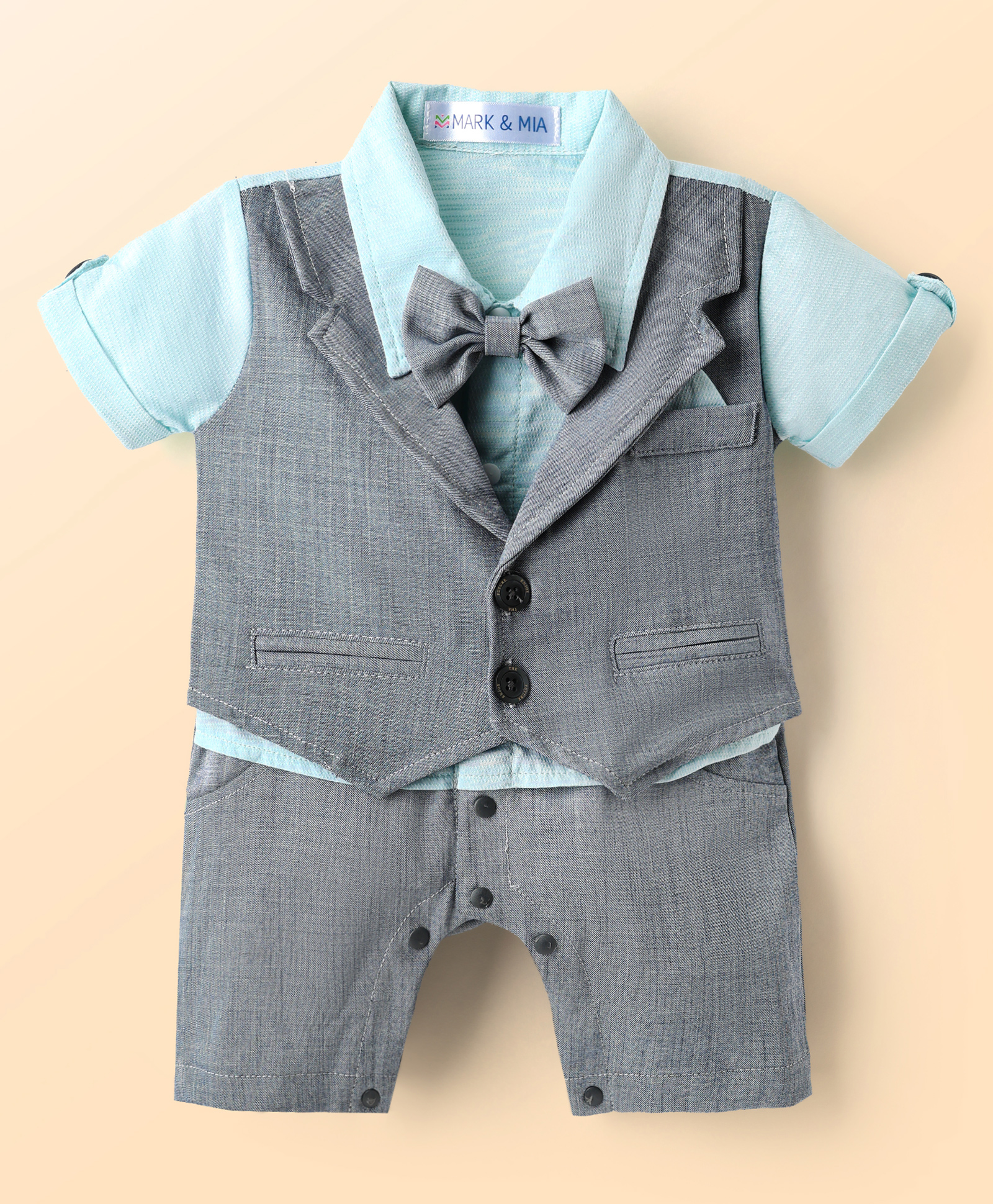Mark & Mia Half Sleeves Partywear Romper With Bow Detailing Solid Colour - Blue & Grey-picture-13