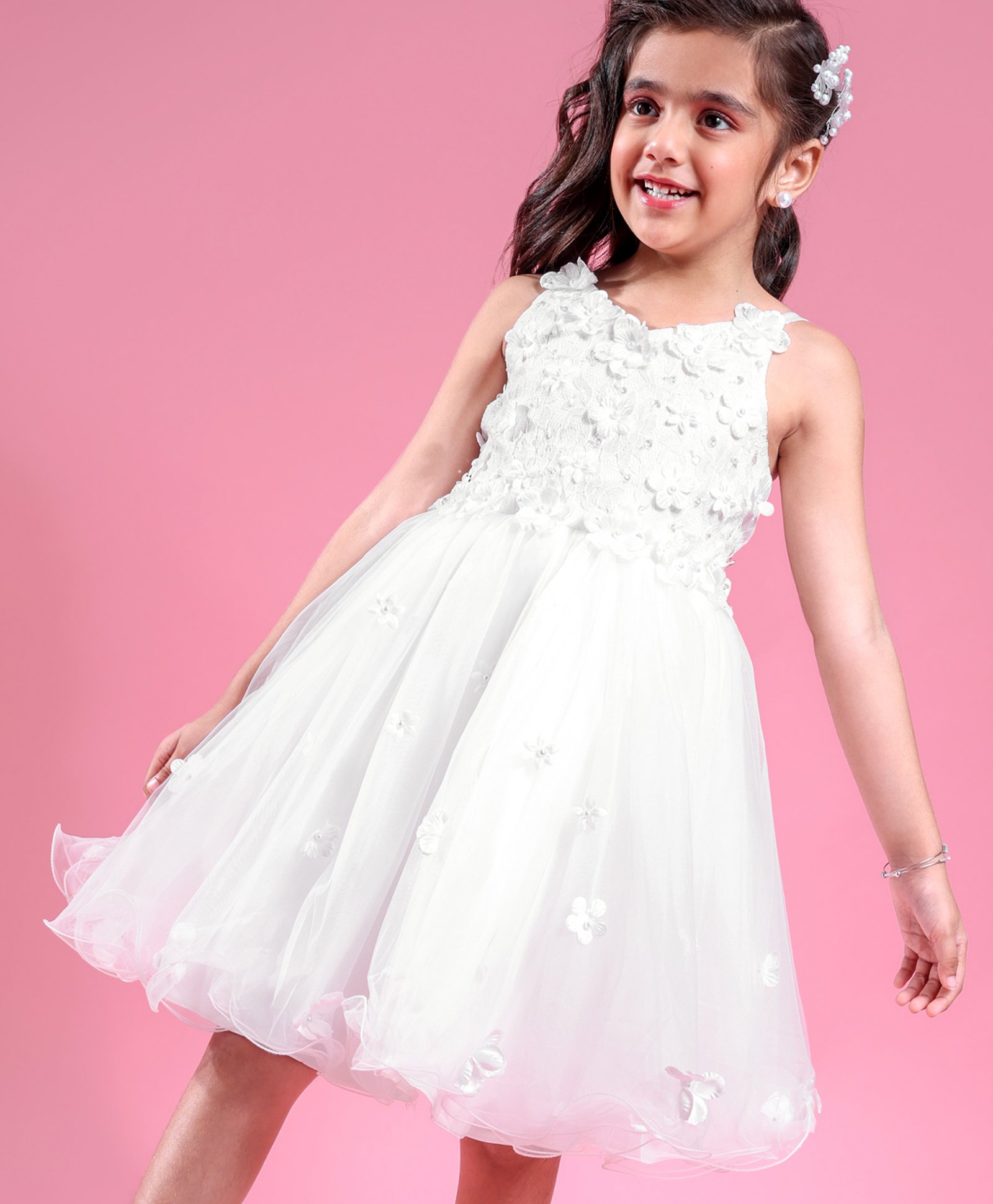 Mark & Mia Woven Sleeveless Knee Length Partywear Frock with Floral Applique - White-picture-29