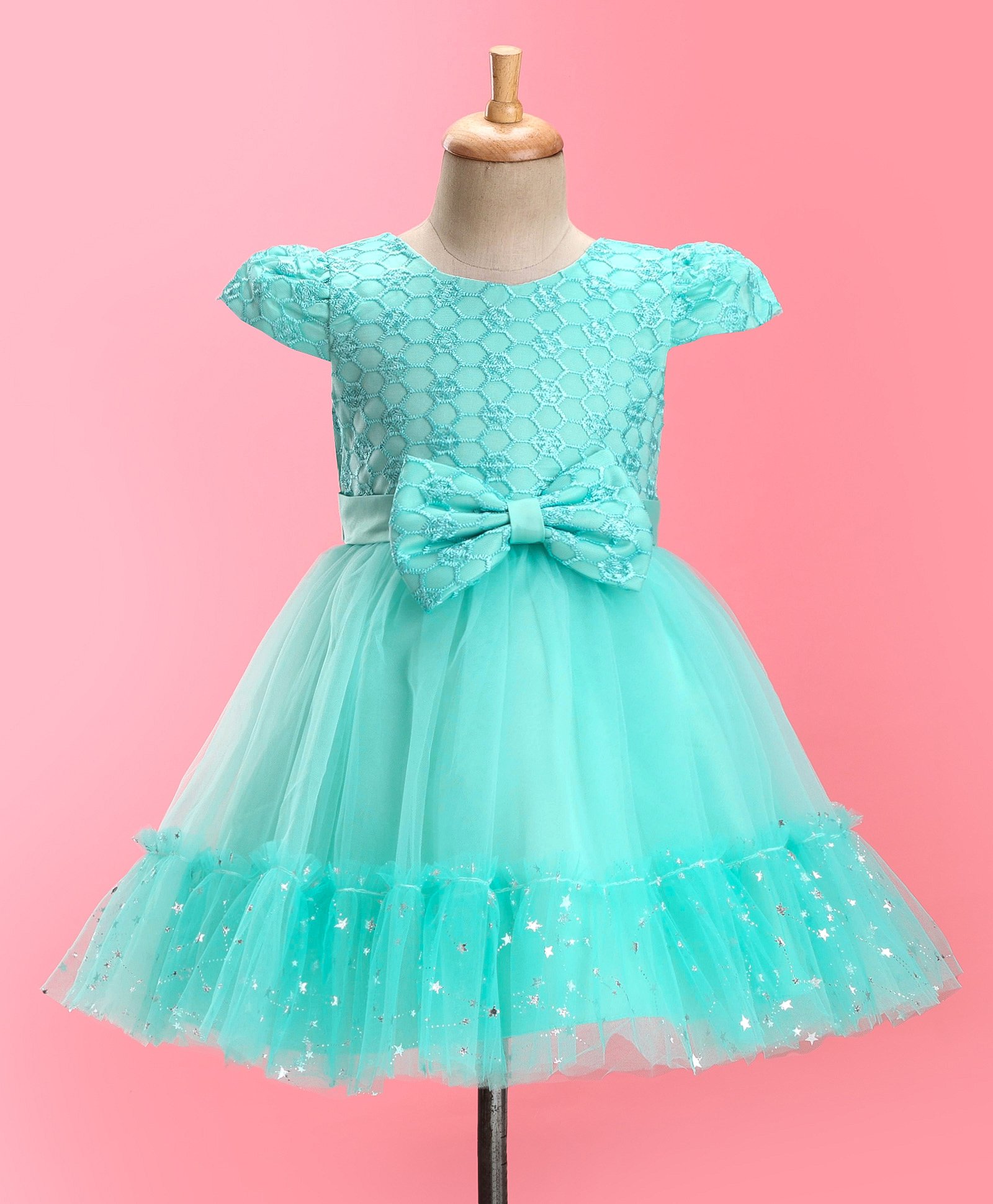 Mark & Mia Cap Sleeves Knee Length Partywear Frock with Embroidery & Bow  - Green-image-23
