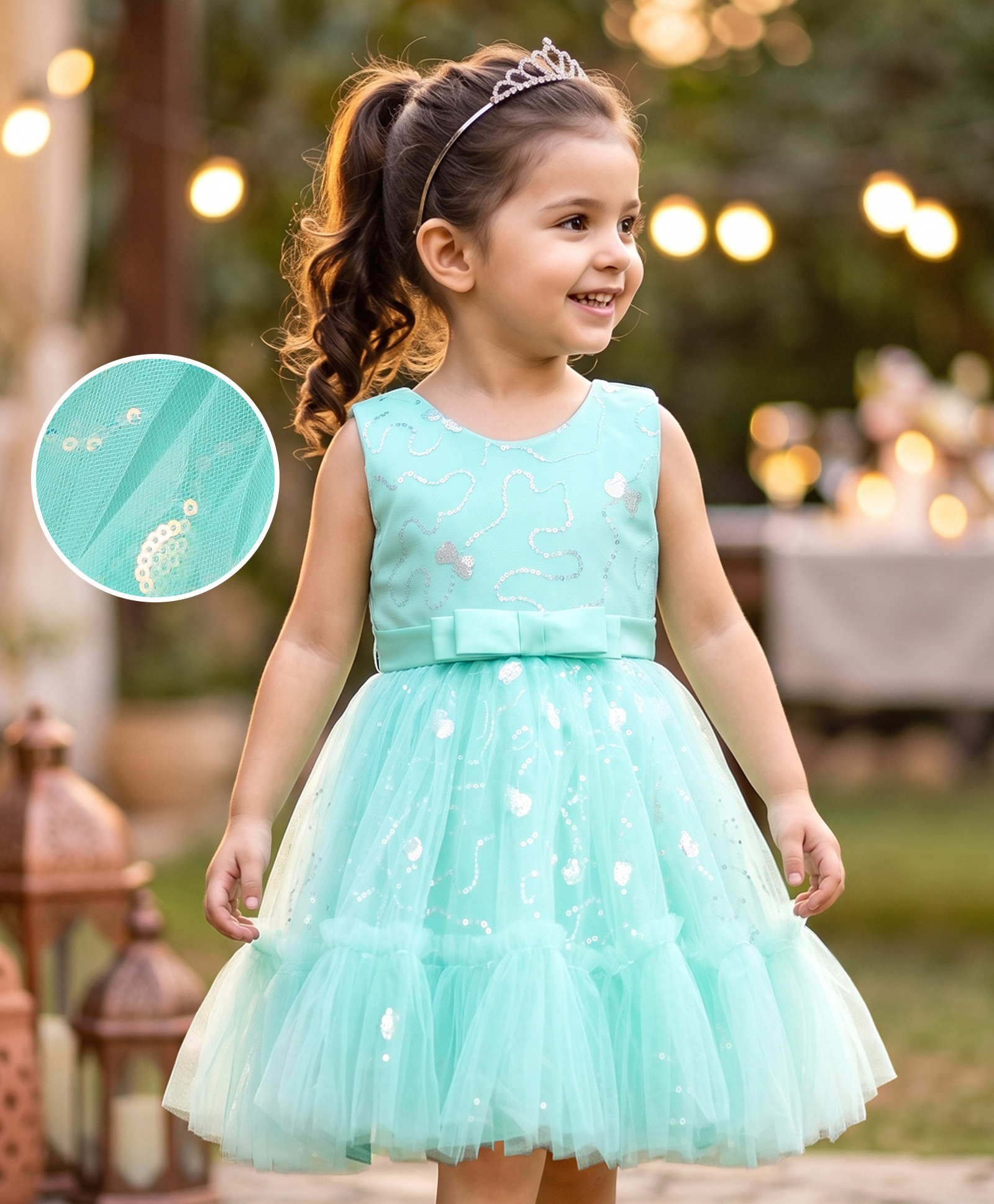 Mark & Mia Sleeveless Knee Length Partywear Frock with Sequin Detailing & Bow - Green-image-20