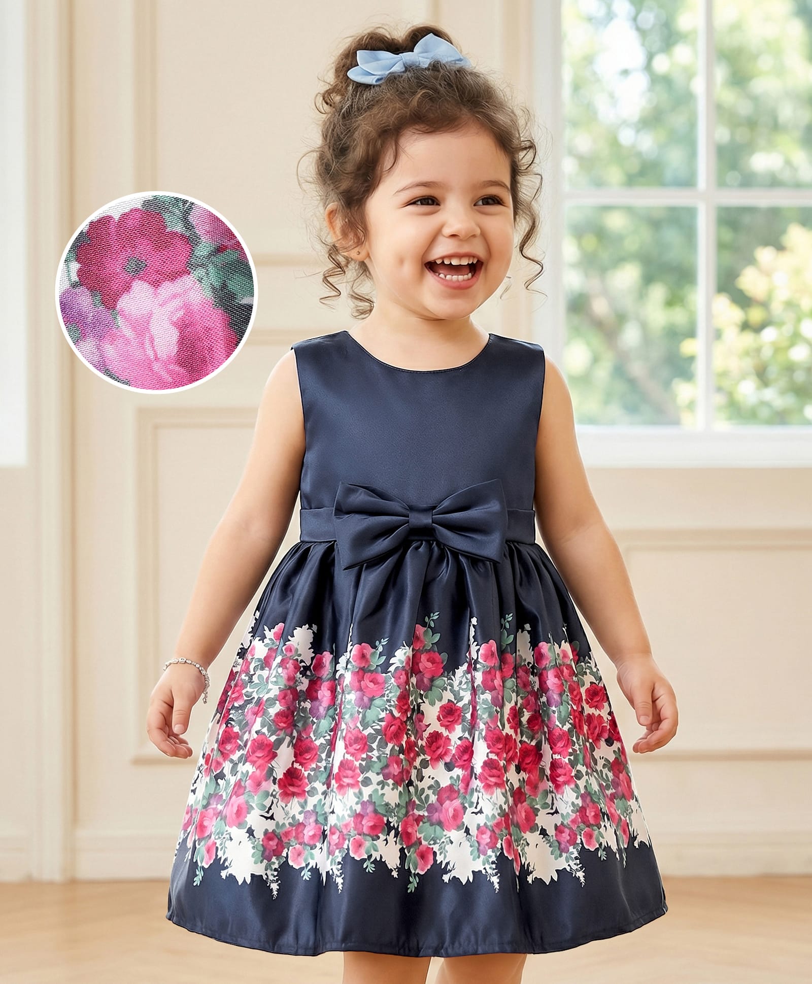 Mark & Mia Sleeveless Knee Length Partywear Frocks with Floral Print & Bow - Navy Blue-image-9