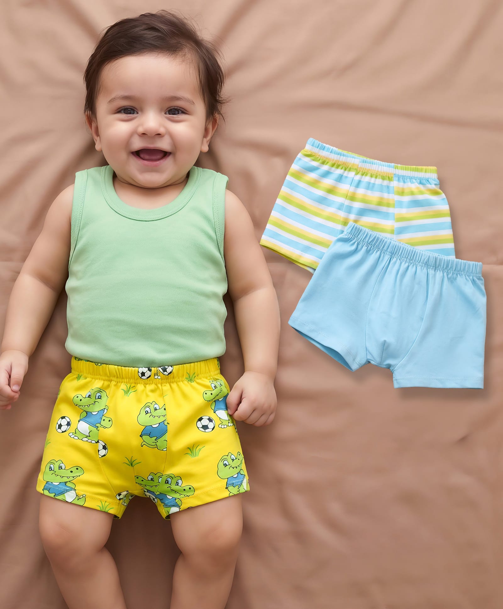 Babyhug 100% Cotton Knit Striped & Crocodile Printed Trunk Pack of 3 - Multicolour-image-42