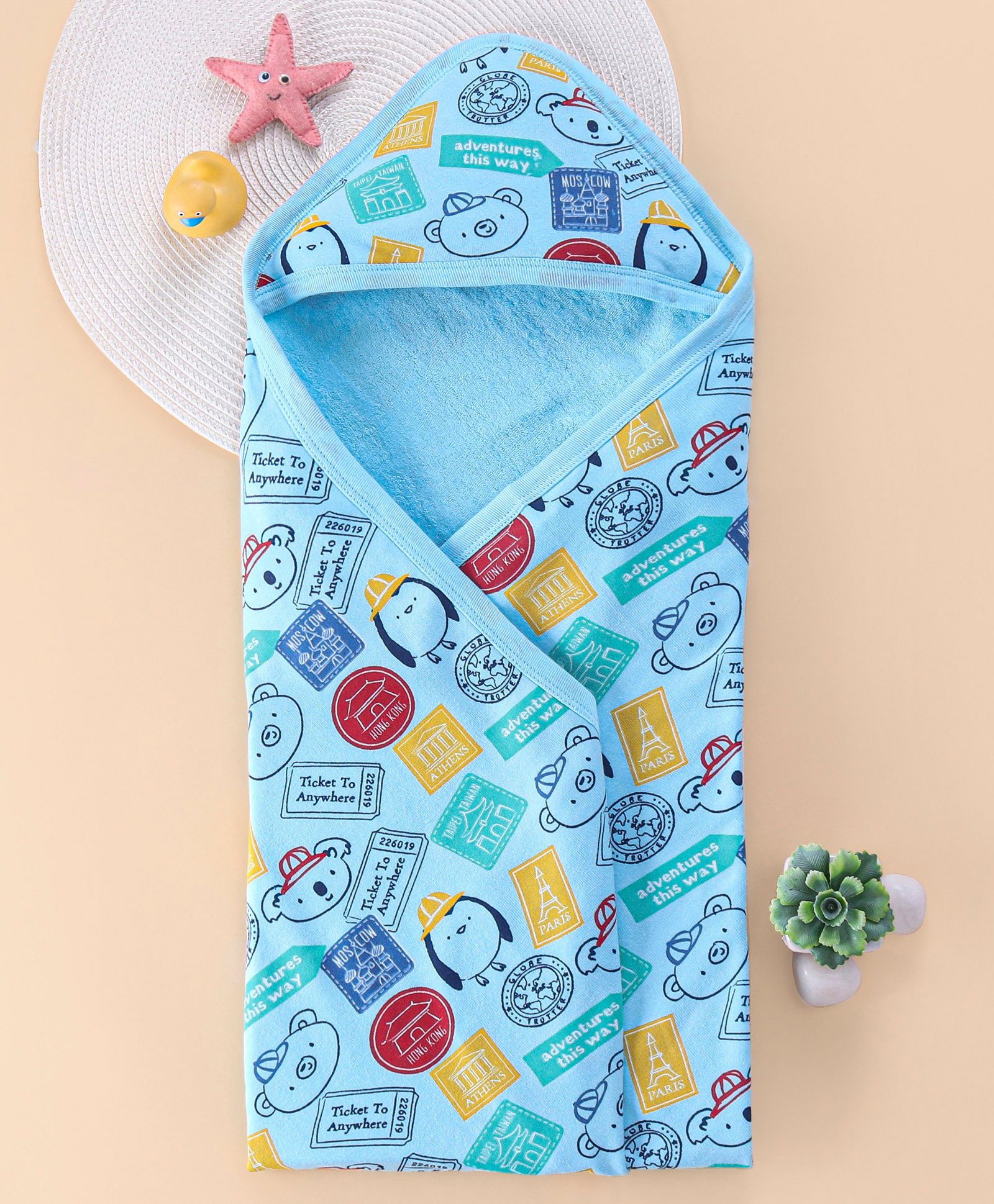 Babyhug Terry Knit  Printed Hooded Bath Towel L 76.2 x B 76.2 cm - Blue-image-12