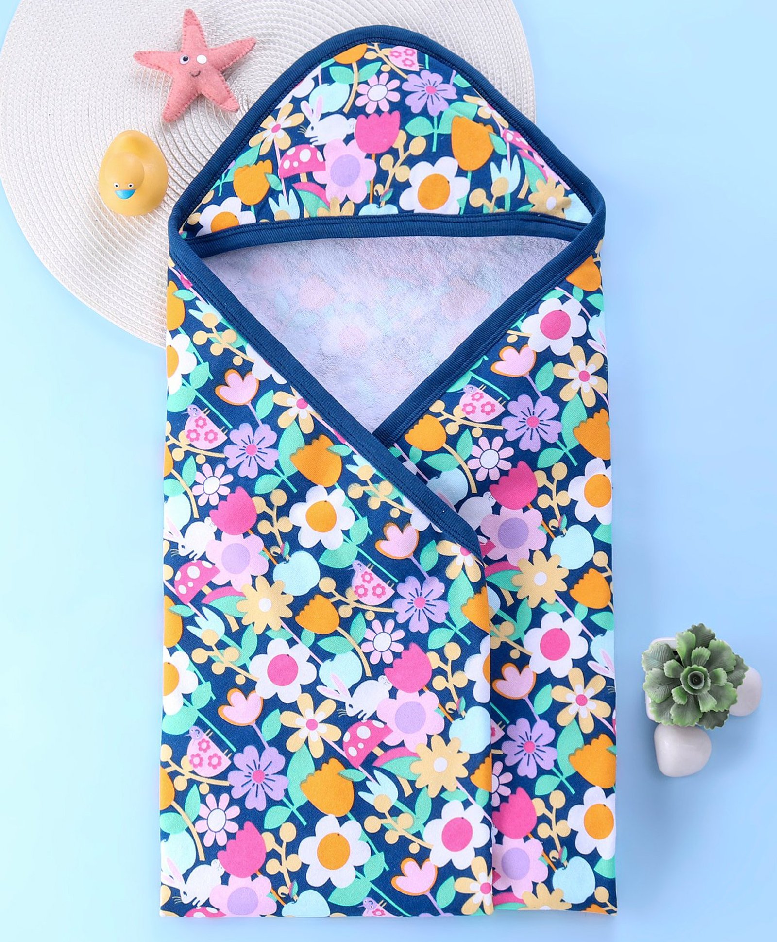 Babyhug Terry Knit Hooded Bath Towel With Floral Print L 76.2 x B 76.2 cm - Blue-image-16