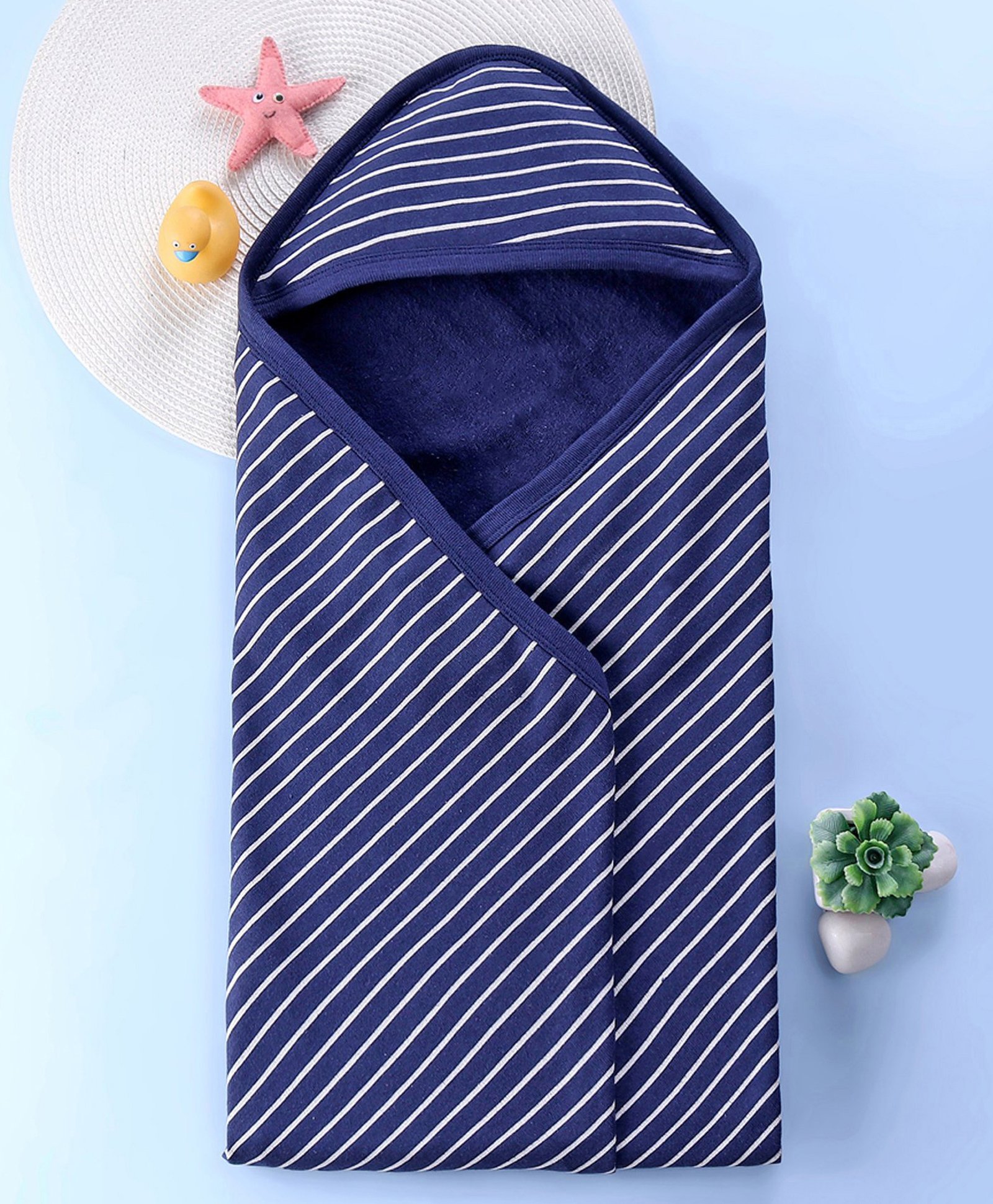 Babyhug Terry Knit Hooded Striped Bath Towel L 76.2 x B 76.2 cm - Navy Blue-image-20