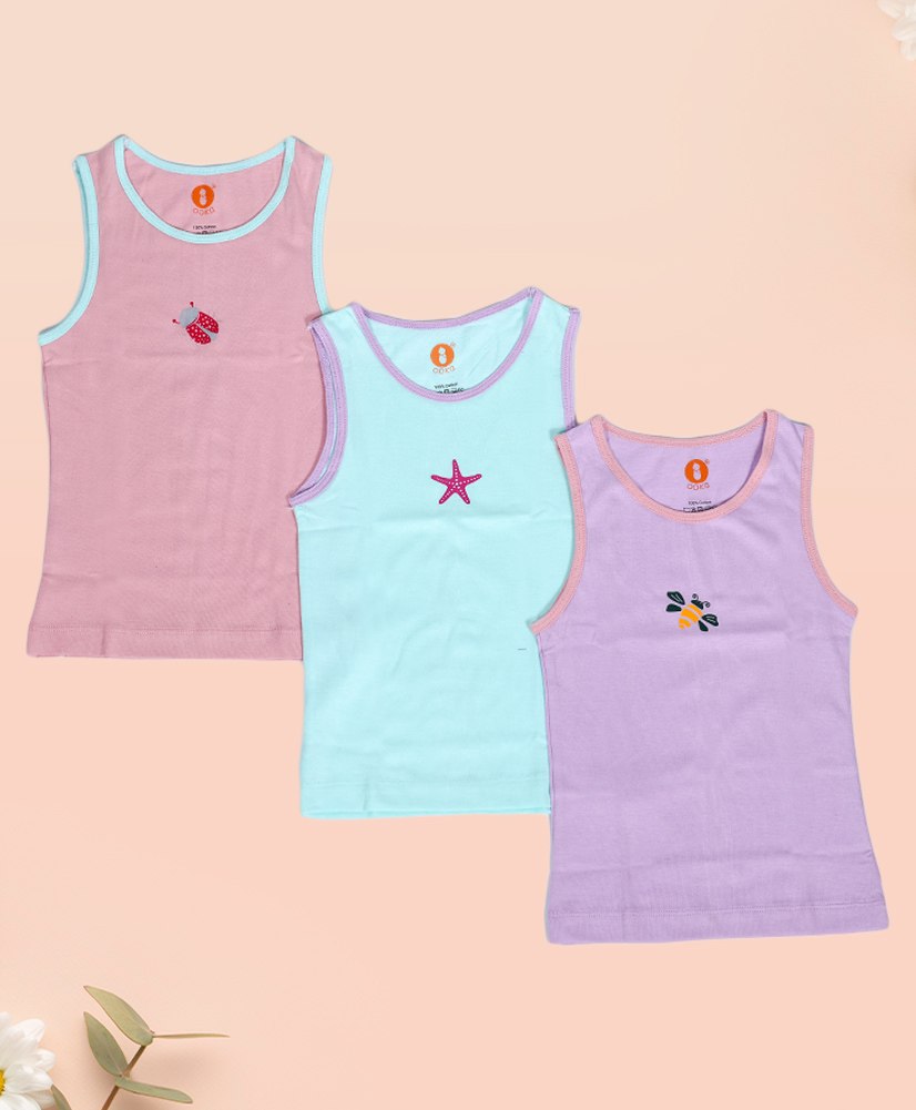 Ooka Baby Soft Cotton Jersey Pack of 3 Sleeveless Bugs & Bees Printed Vests - Purple Pink & Light Green-image-29