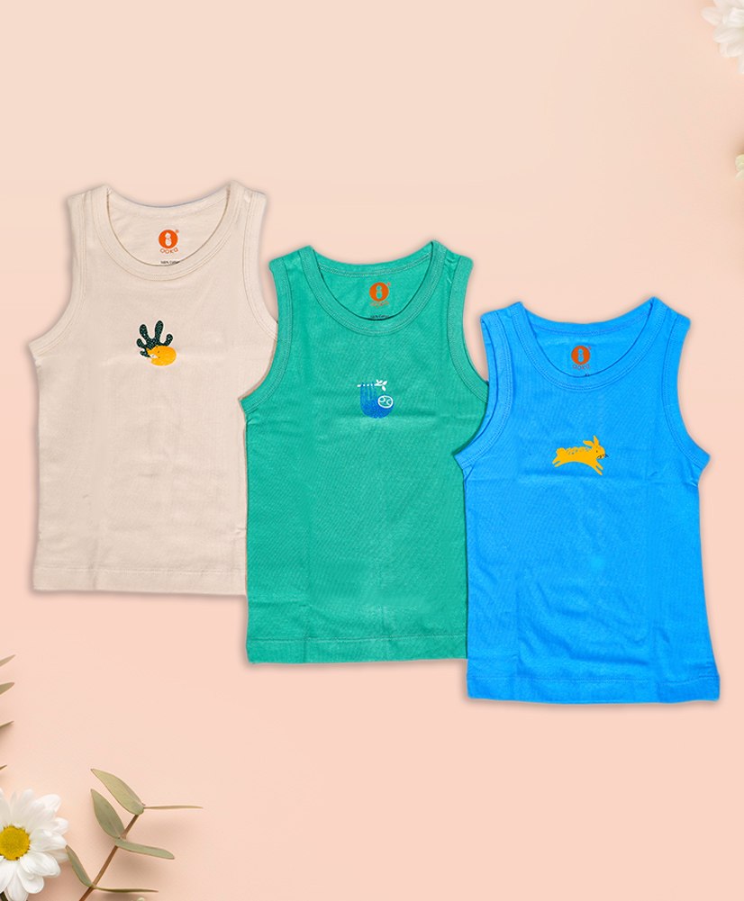 Ooka Baby Soft Cotton Jersey Pack of 3 Sleeveless Hedgehog & Animals Printed Vests - Blue Green & Beige-picture-18