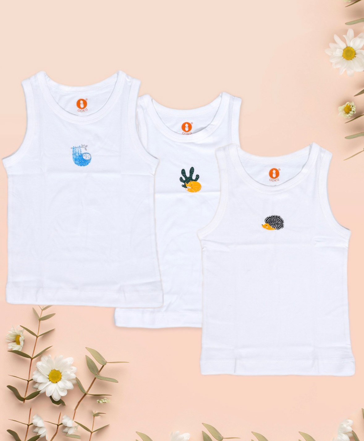 Ooka Baby Soft Cotton Jersey Pack of 3 Sleeveless Hedgehog & Fox Printed Vests - White-image-36