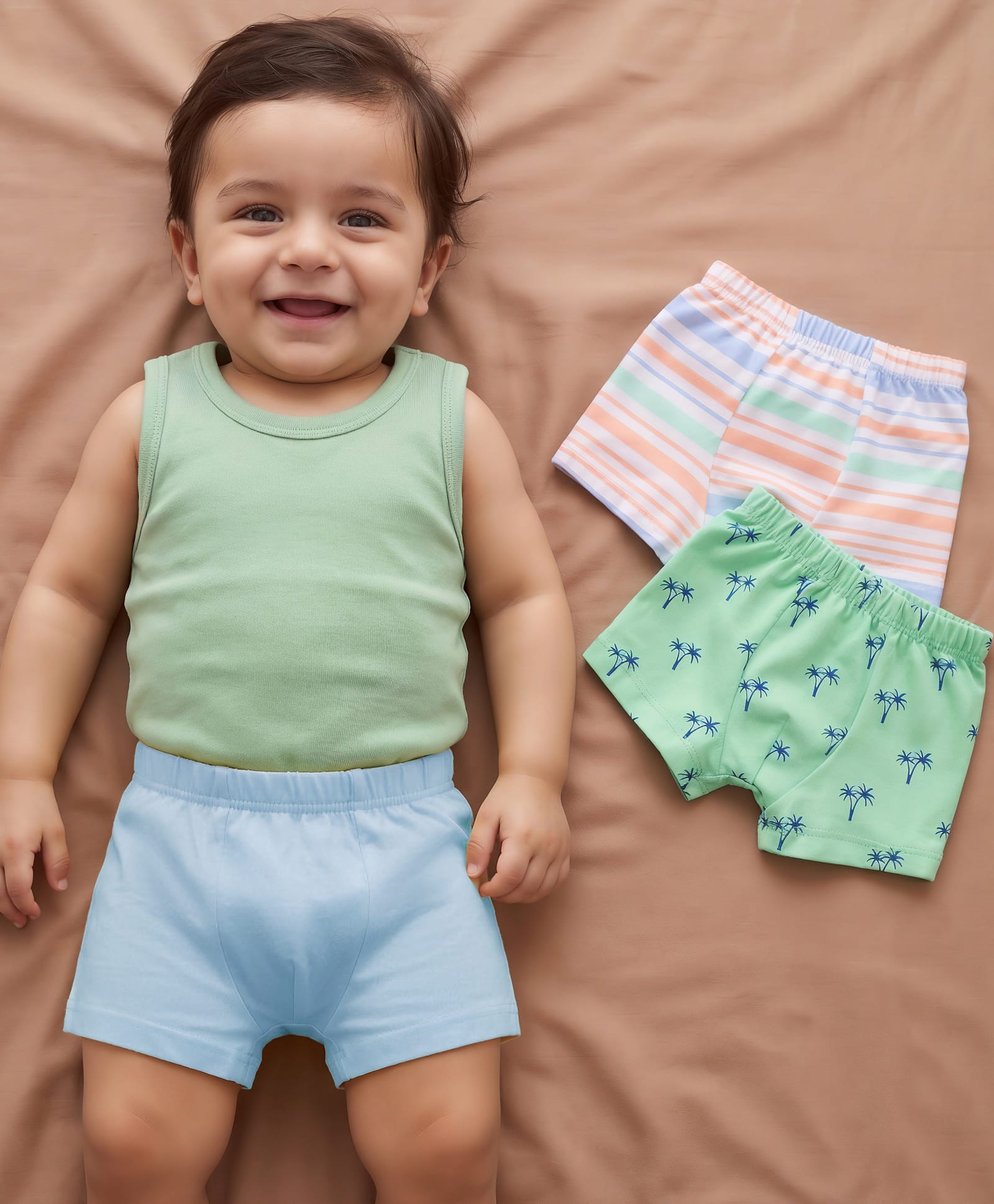 Babyhug 100% Cotton Knit Trunk Stripes & Palm Tree Print Pack of 3 - Blue Green & Peach-image-24