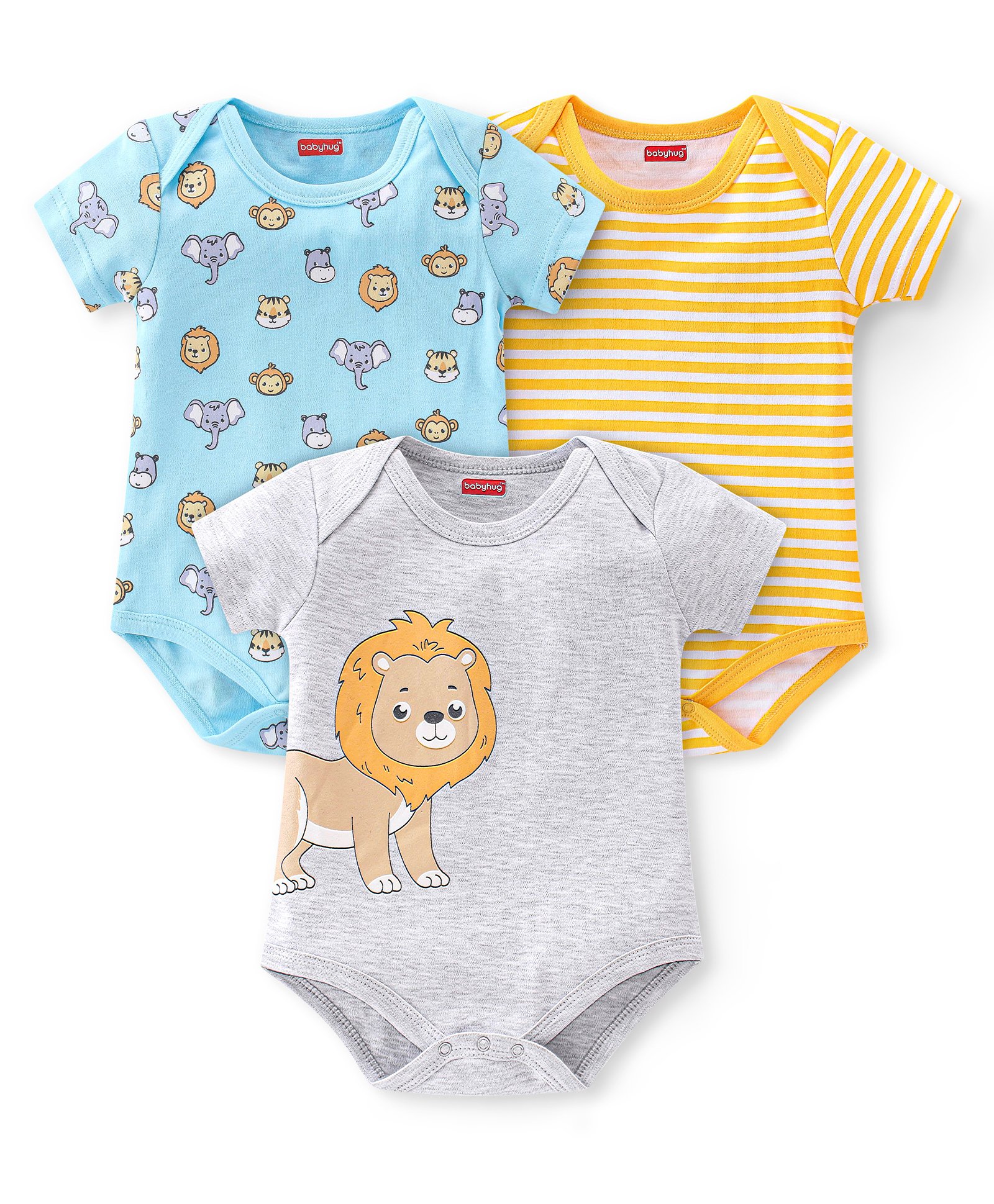 Babyhug 100% Cotton Knit Half Sleeves Onesies Striped & Animal Print Pack of 3 - Blue Yellow & Grey-picture-27