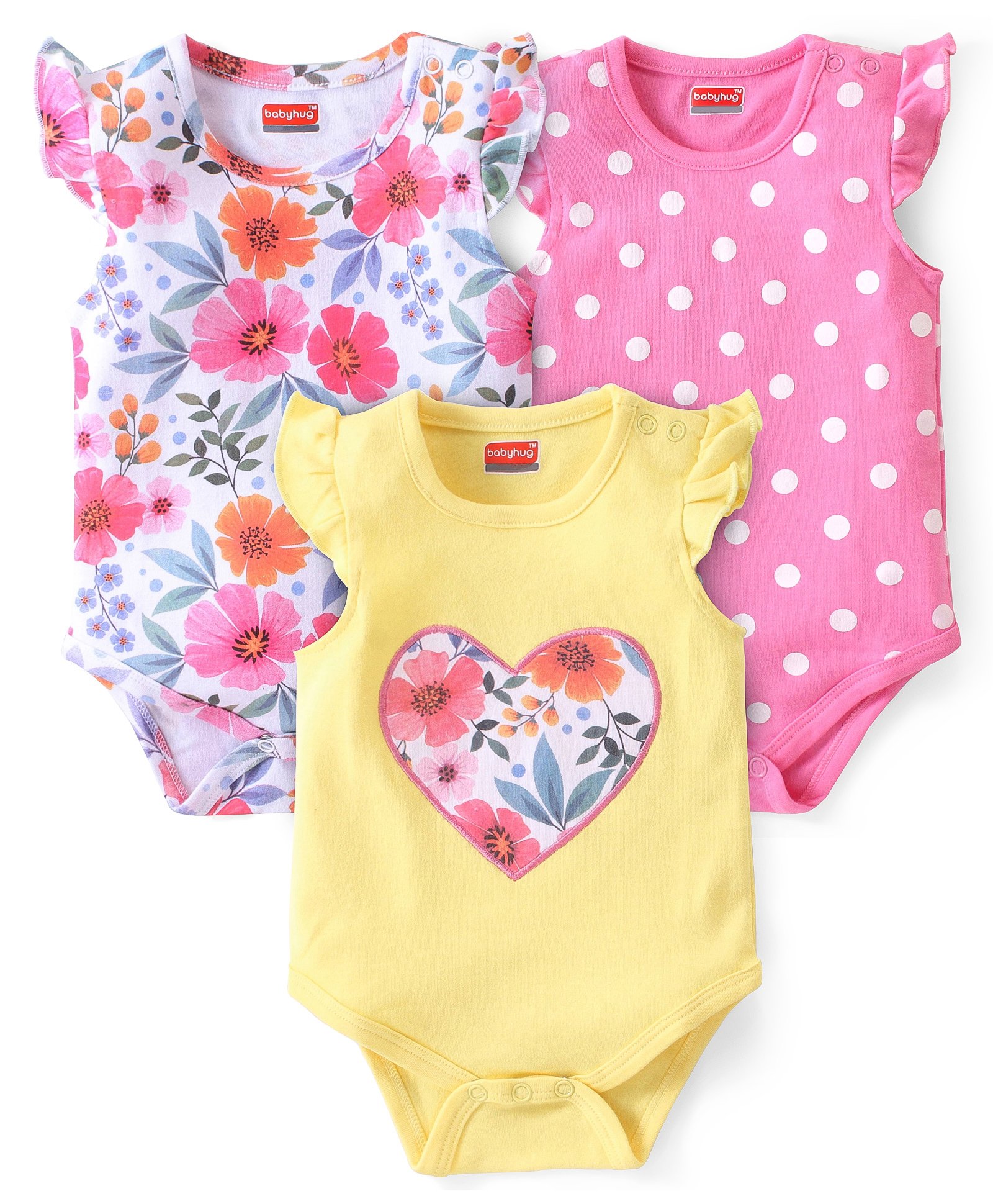 Babyhug 100% Cotton Frill Sleeves Onesies With Heart & Floral Print Pack Of 3 - Pink & Yellow-picture-21
