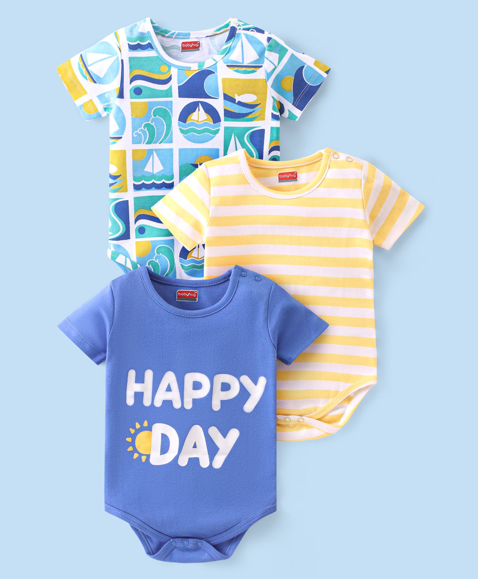 Babyhug 100% Cotton Half Sleeves Onesies With Text Print Pack of 3 - Green Yellow & Blue-picture-13