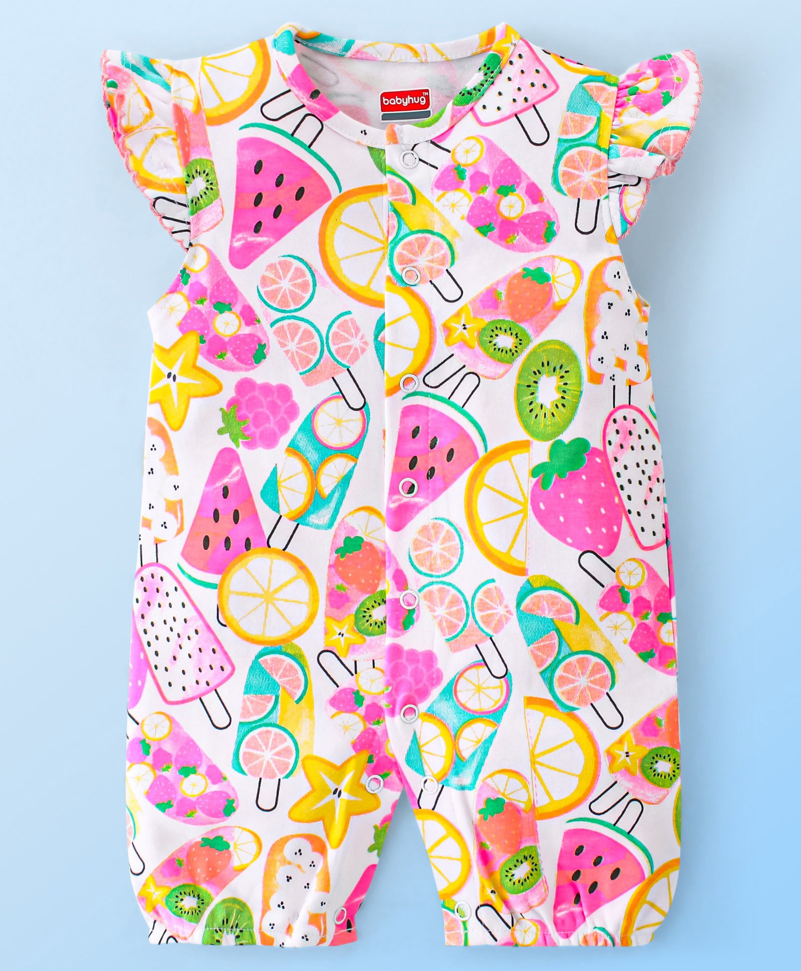 Babyhug 100% Cotton Frill Sleeves Romper Fruit Print - Multicolor-image-15