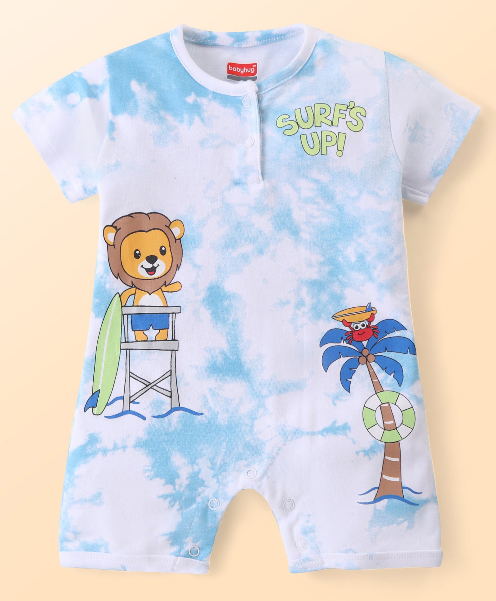 Babyhug 100% Cotton Knit Half Sleeves Romper With Lion Print - Blue-image-34