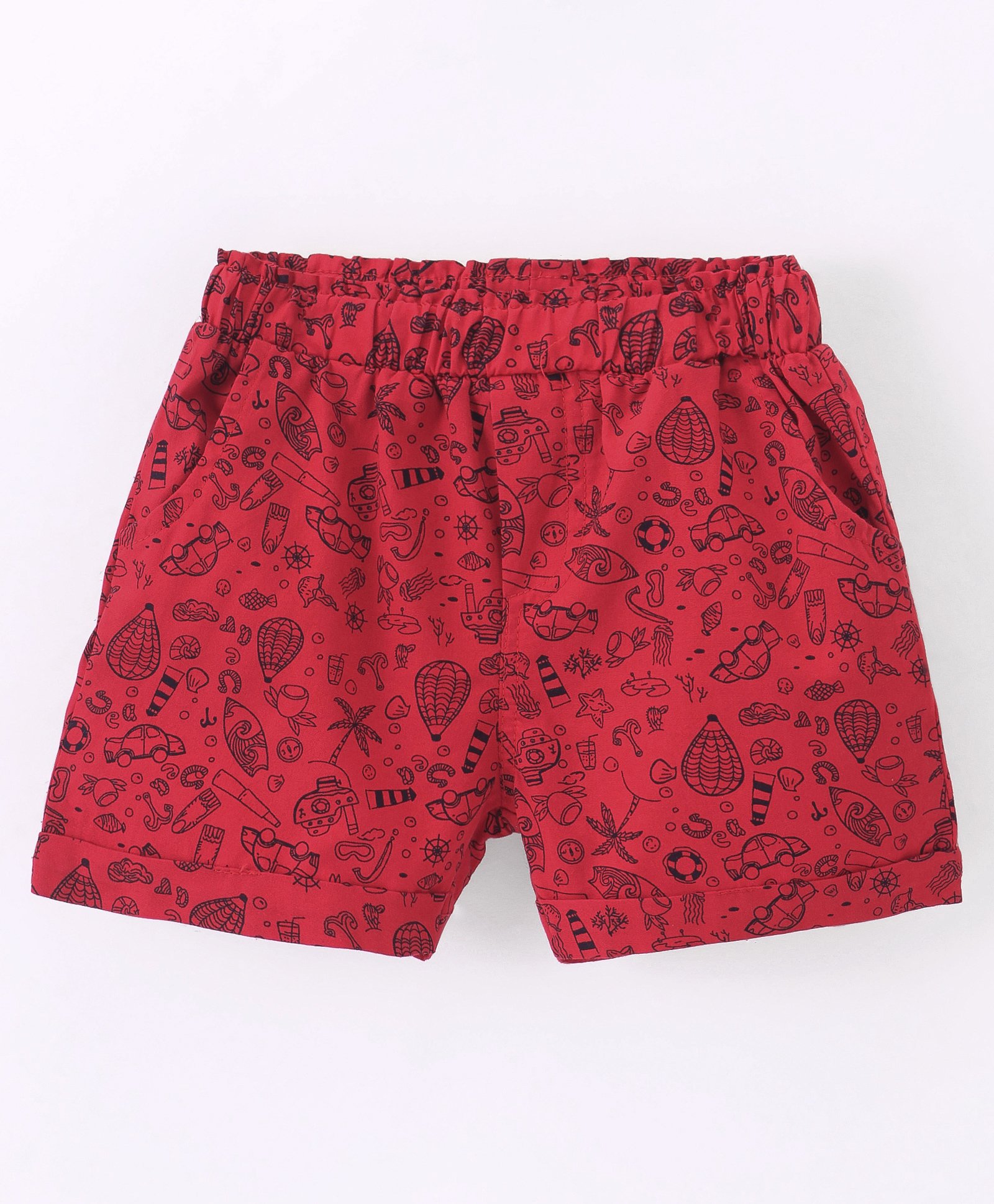 Ollypop Cotton Woven Above Knee Length Shorts with Vehicle Print- Red-picture-38