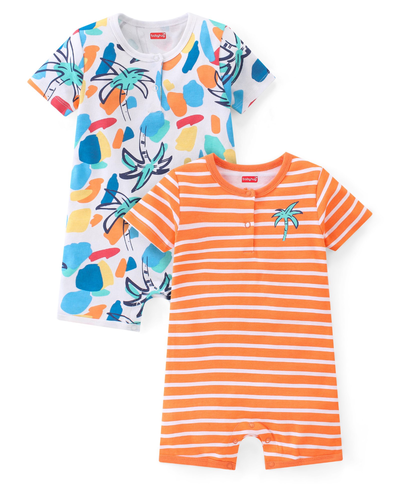 Babyhug 100% Cotton Knit Half Sleeves Rompers With Striped & Palms Tree Print Pack Of 2 - White Blue & Orange-image-28