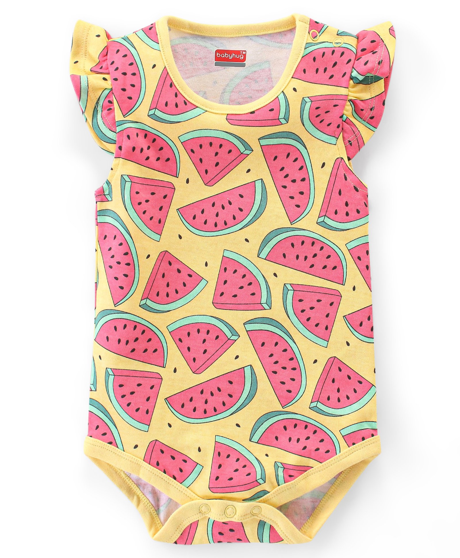 Babyhug 100% Cotton Interlock Knit Frill Sleeves Onesies Watermelon Print - Yellow-picture-22