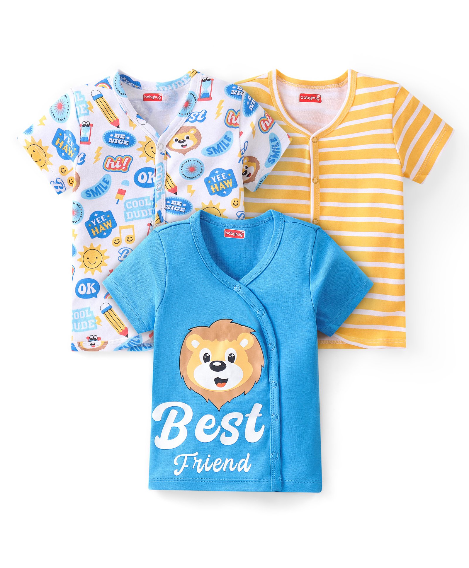 Babyhug 100% Cotton Knit Half Sleeves Striped & Lion Printed Front Open Vests Pack of 3 - Yellow & Blue-picture-19
