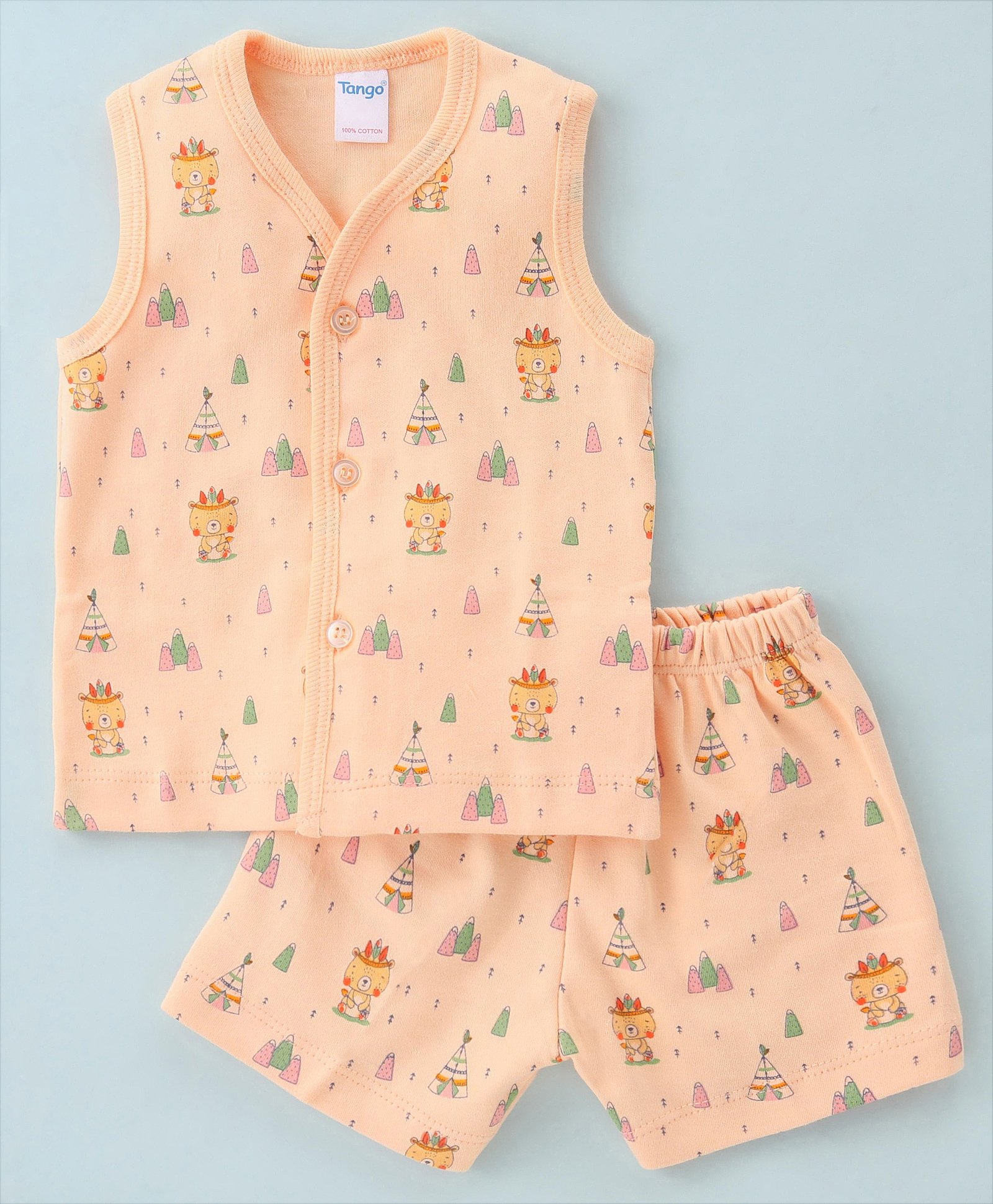 Tango Single Jersey Knit Sleeveless Night Suit With Teddy Print - Peach-picture-18