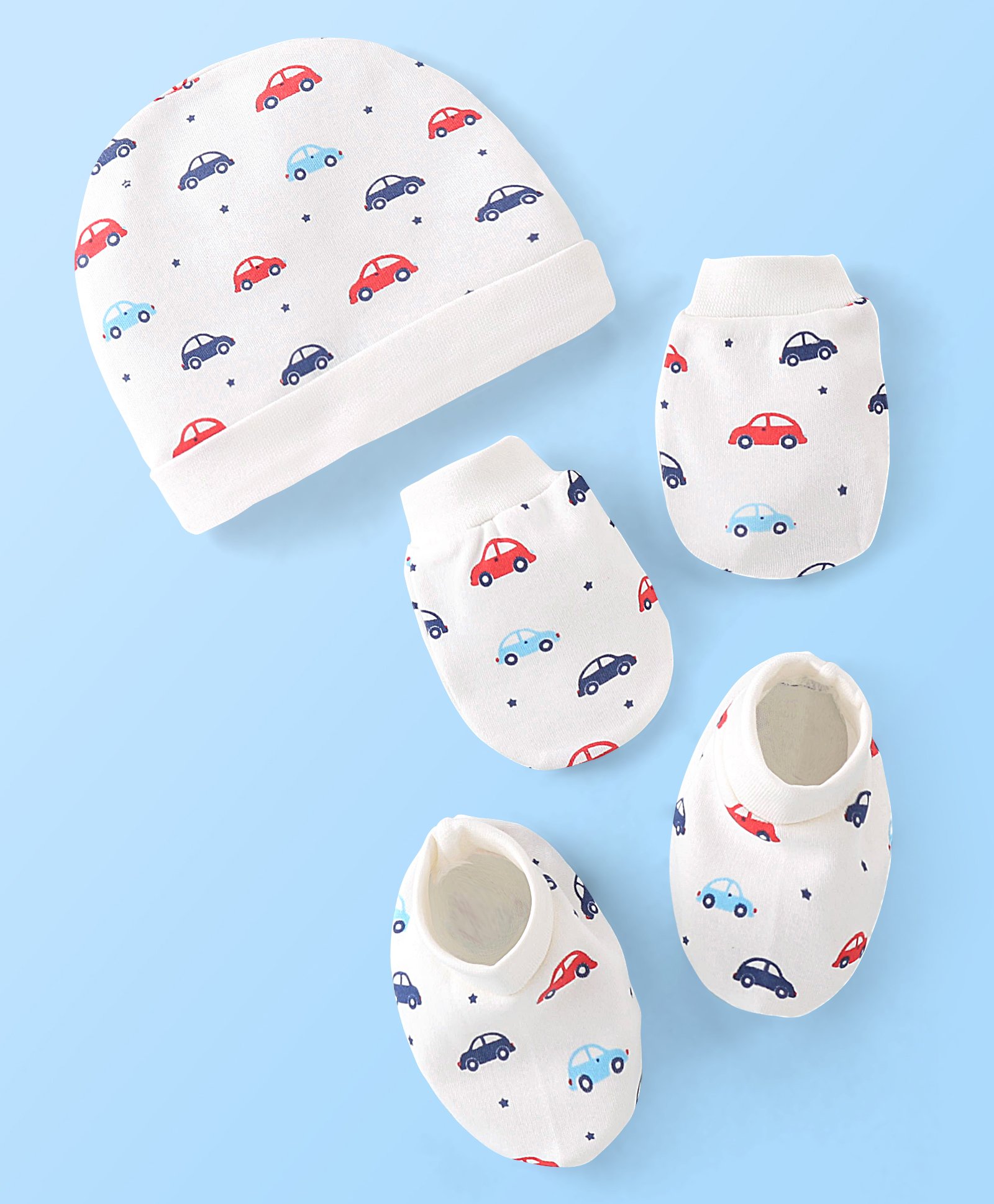 Doodle Poodle 100% Cotton Knit Cap Mittens & Booties Set Car Print Bright White- Diameter 17 cm-picture-13