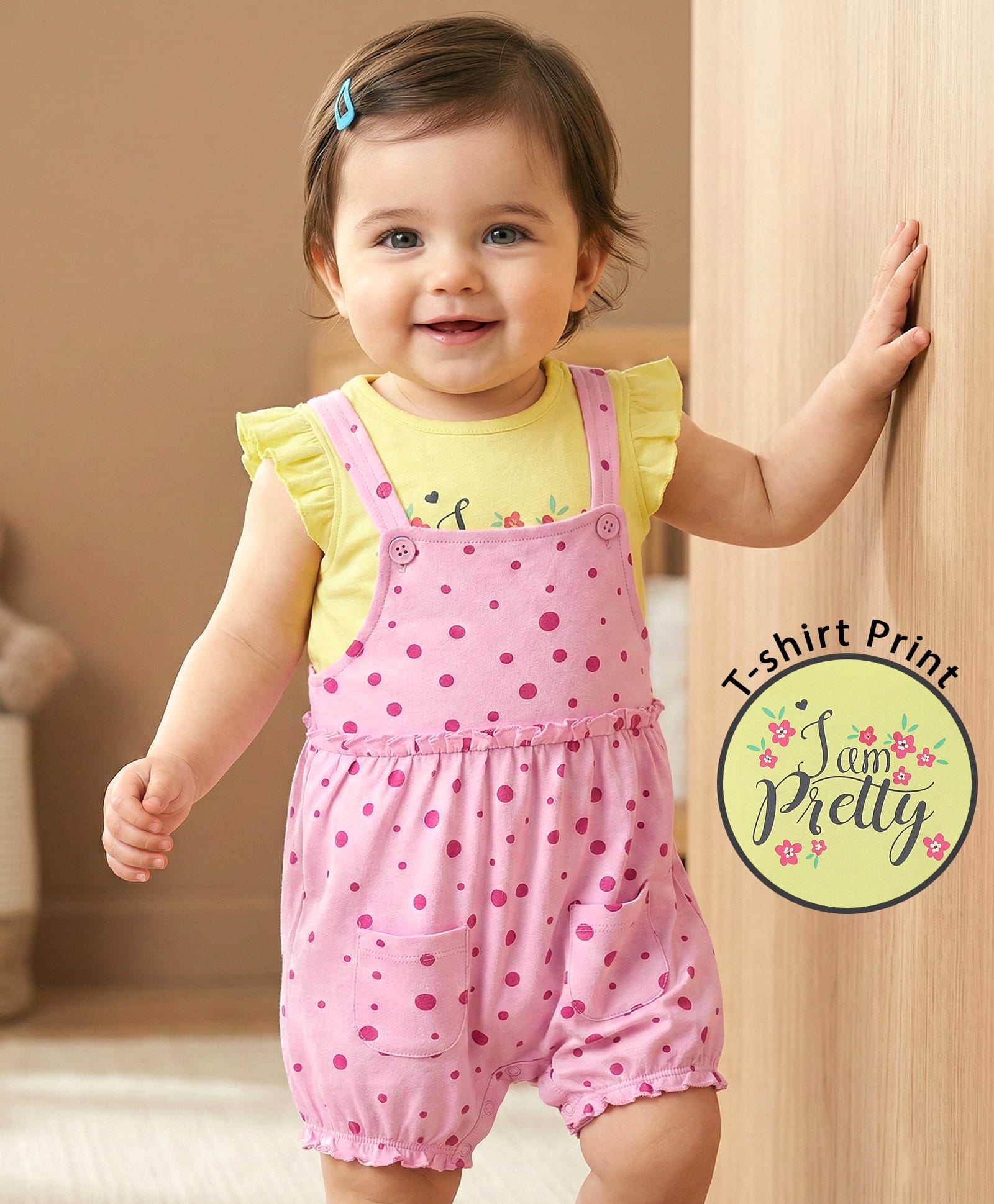 Babyoye 100% Cotton Interlock  Dungarees & Frill Sleeves T-Shirt Set With Text & Polka Dots Print - Yellow & Pink-image-14