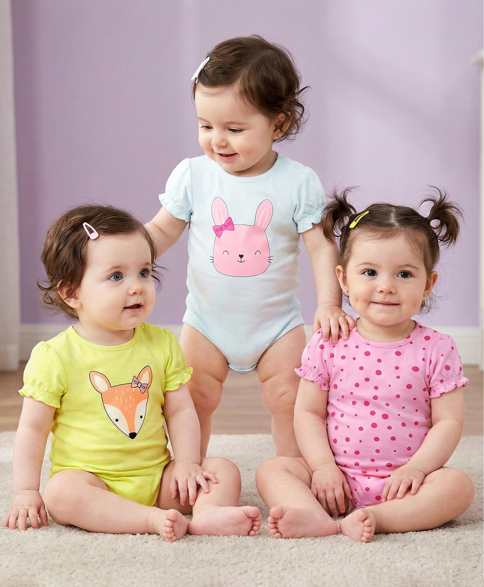 Babyoye 100% Cotton Interlock Half Sleeves Onesies With Animals Print Pack Of 3 - Pink Green & Blue-picture-44