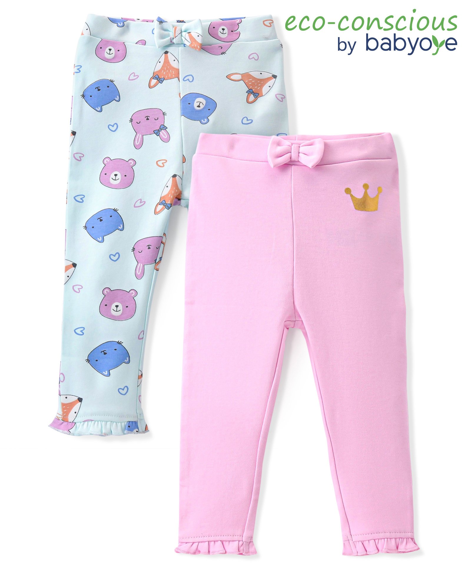 Babyoye 100% Cotton Interlock Full Length Leggings With Teddy Print Pack Of 2 - Blue & Pink-picture-32