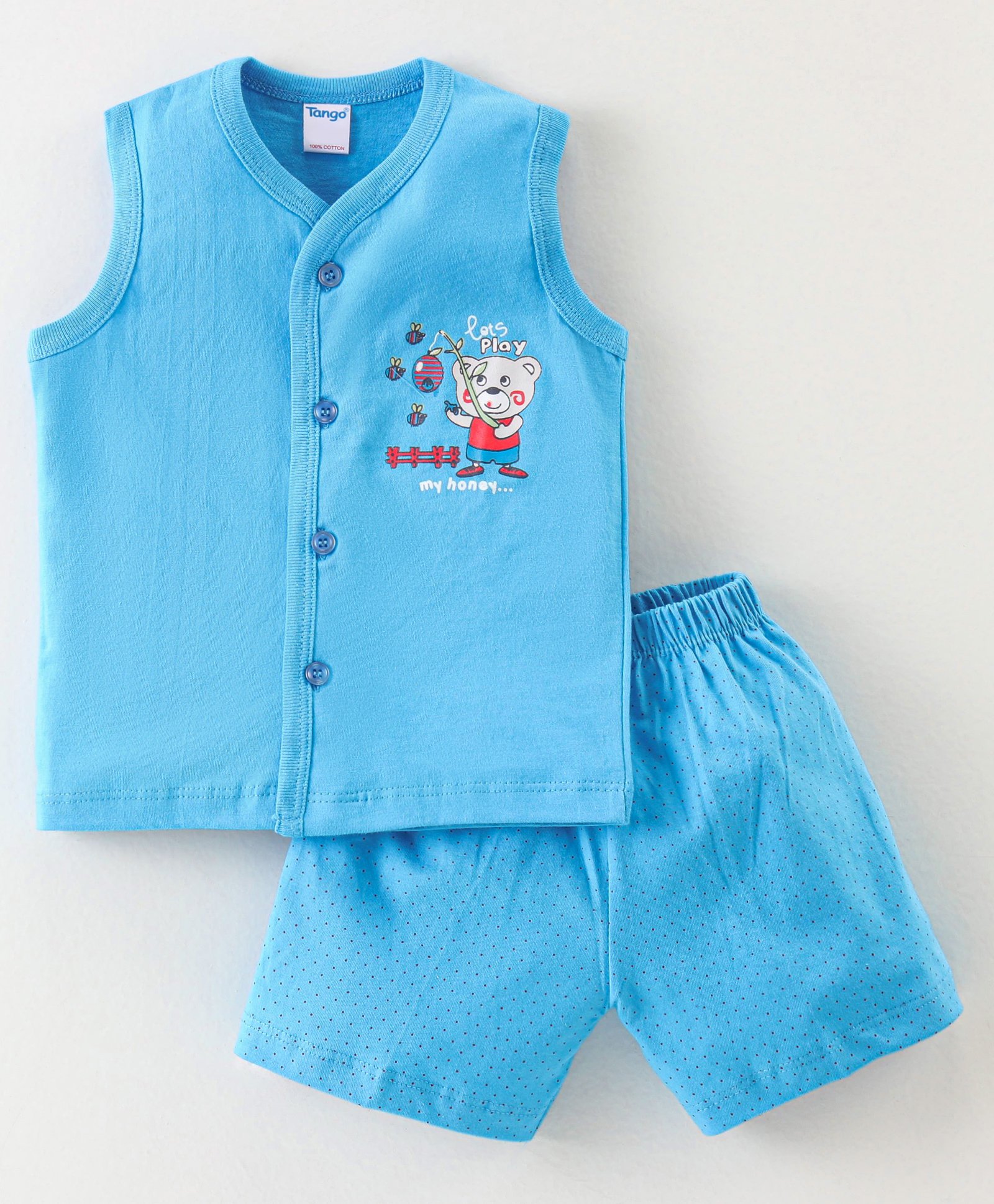 Tango Single Jersey Knit Sleeveless Night Suit With Teddy Print - Blue-picture-17