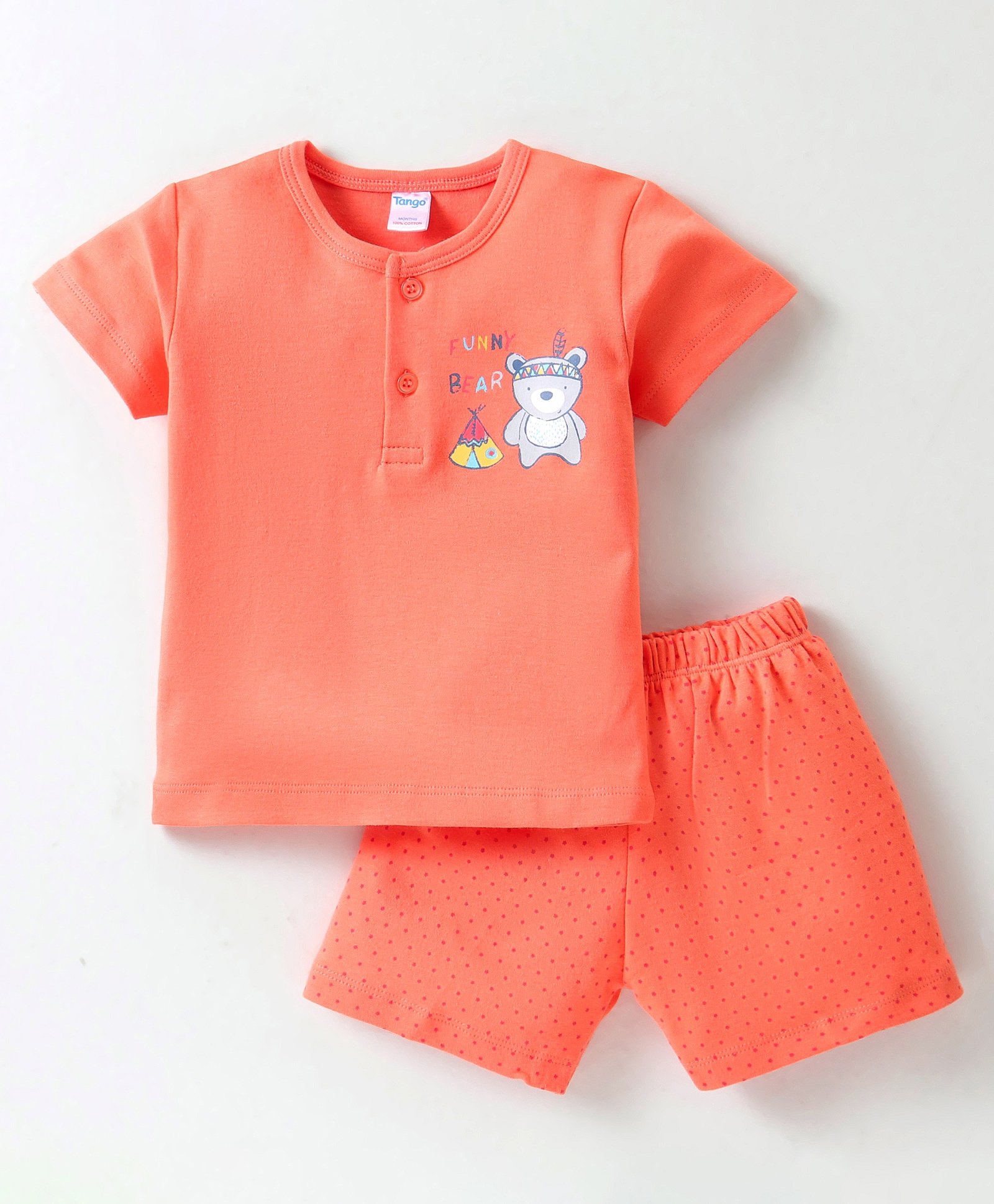Tango Interlock Knit Half Sleeves Night Suit With Teddy Print - Red-image-11