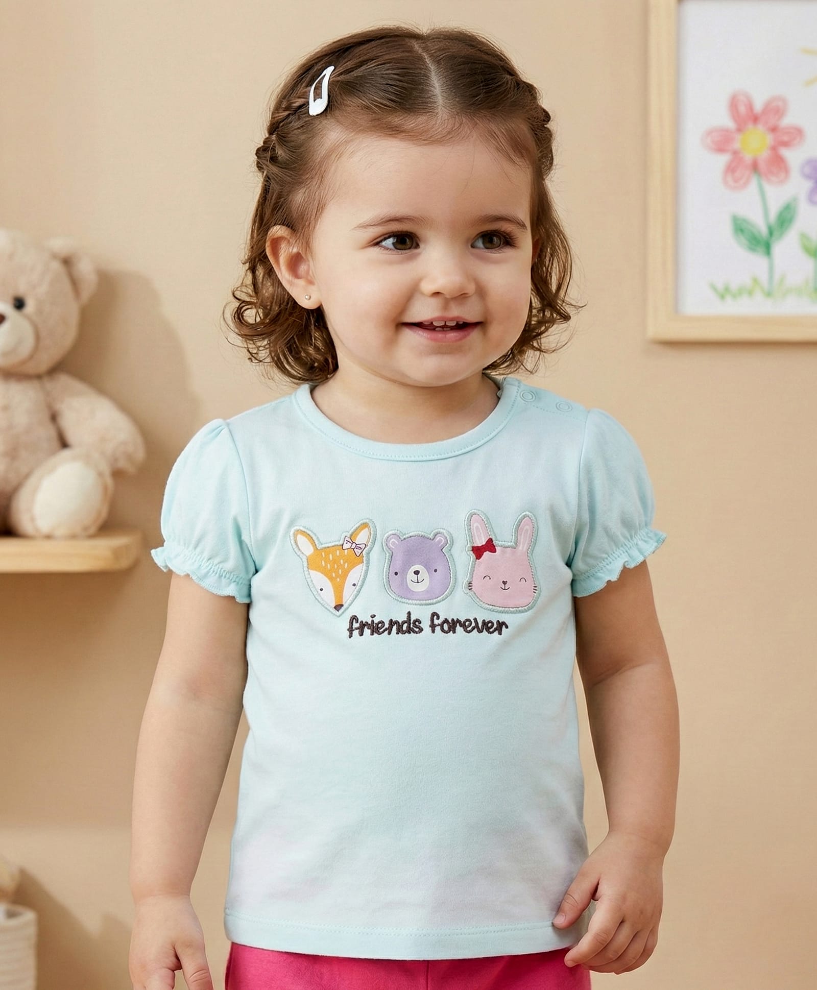 Babyoye 100% Cotton Interlock Puffed Sleeves Top with Animal & Text Embroidery - Blue-picture-19