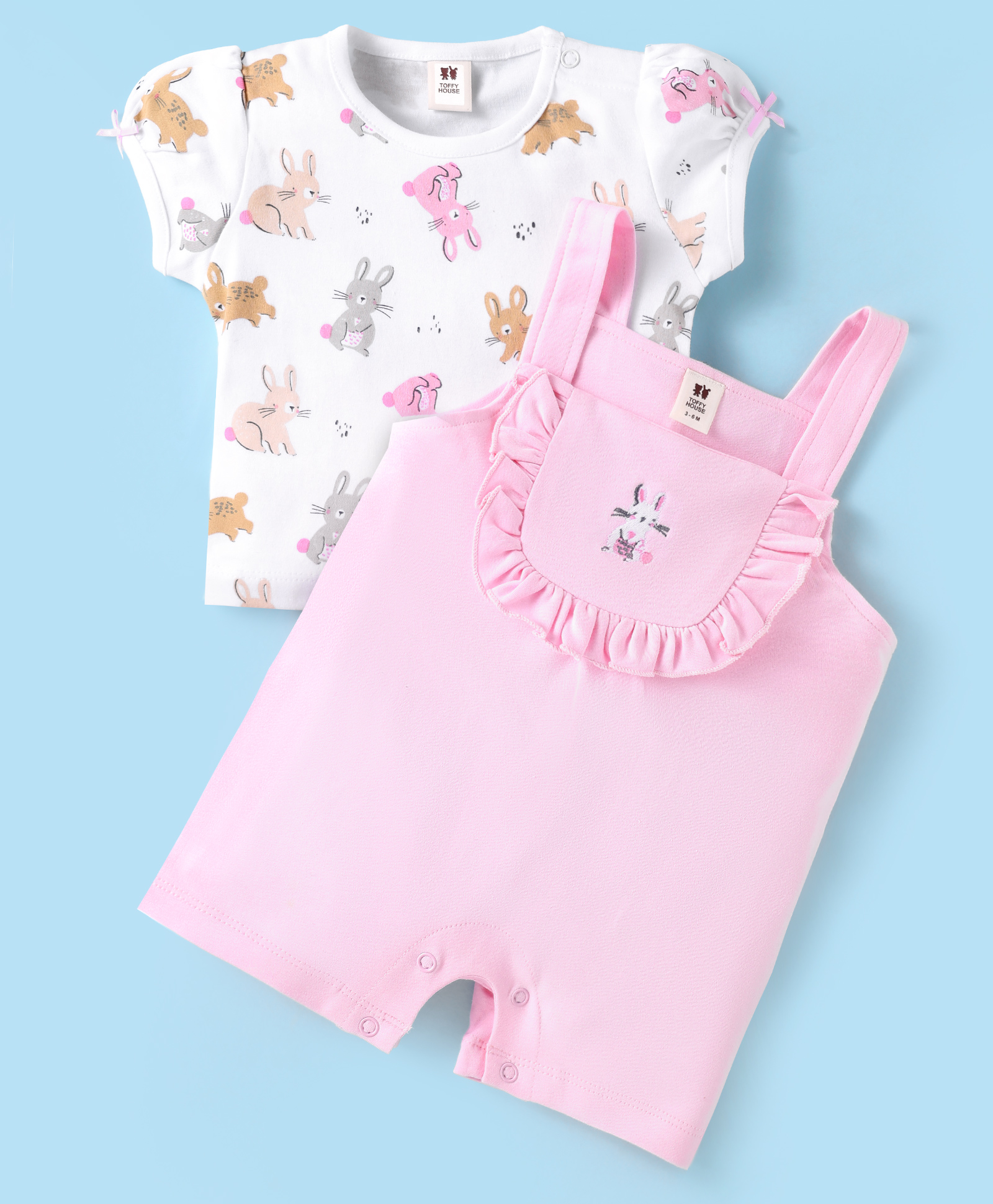 ToffyHouse Cotton Knit Half Puffed Sleeves T-Shirt & Dungaree with Bunny Print & Embroidery - Pink-image-29
