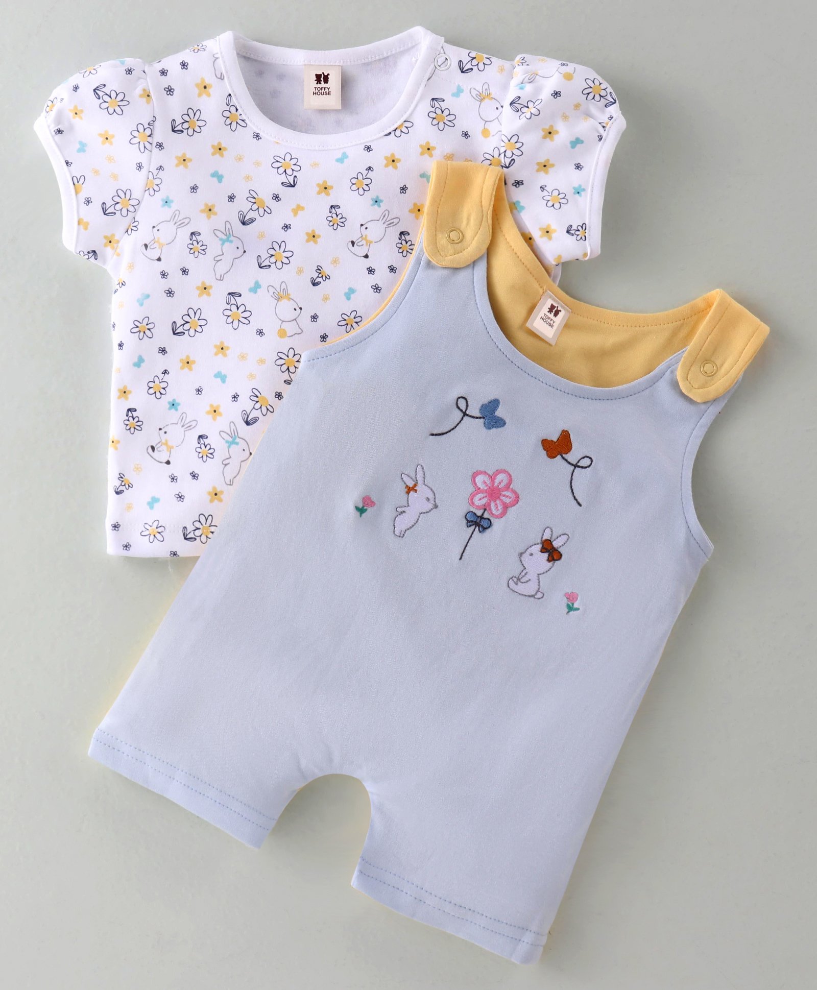 ToffyHouse Cotton Dungaree Style Romper with Half Sleeves Inner Tee Bunny & Floral Print & Embroidery - Blue & White-picture-11
