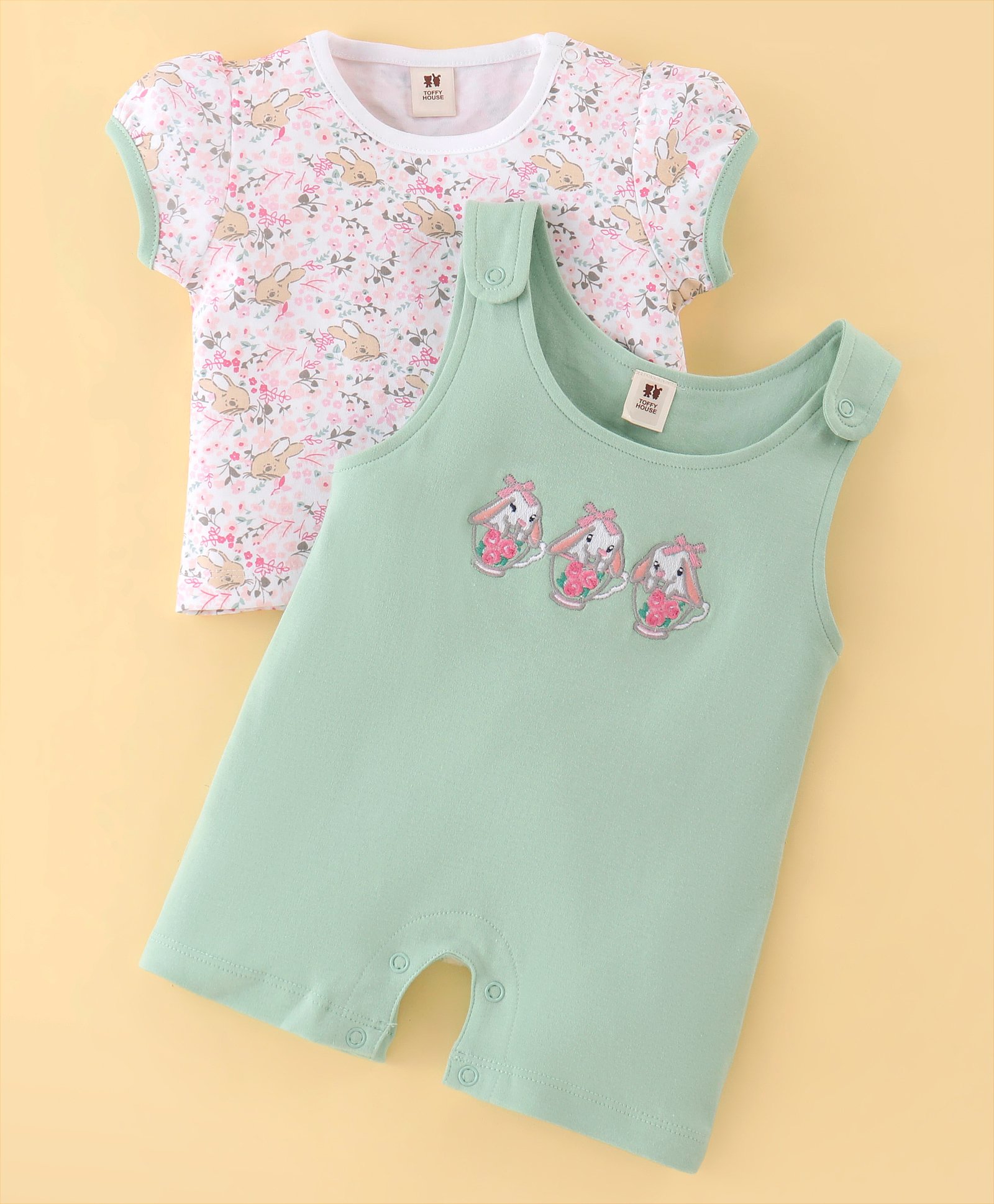 ToffyHouse Cotton Knit  Dungaree Style Romper with Half Sleeves T-Shirt Bunny Print - Green-picture-10