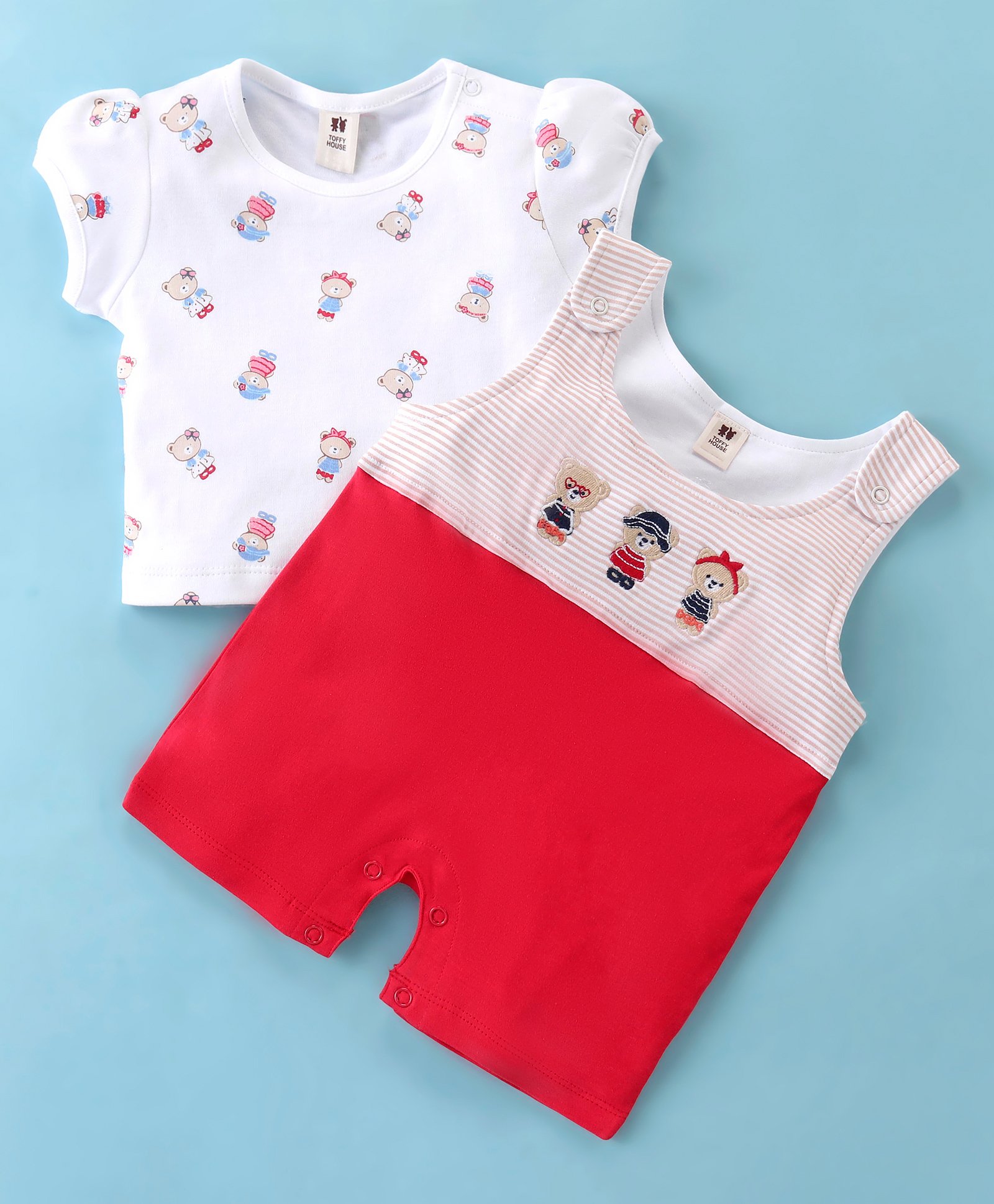 ToffyHouse Interlock Cotton Dungaree Style Romper with Inner Tee Teddy Printed - Red & White-image-12