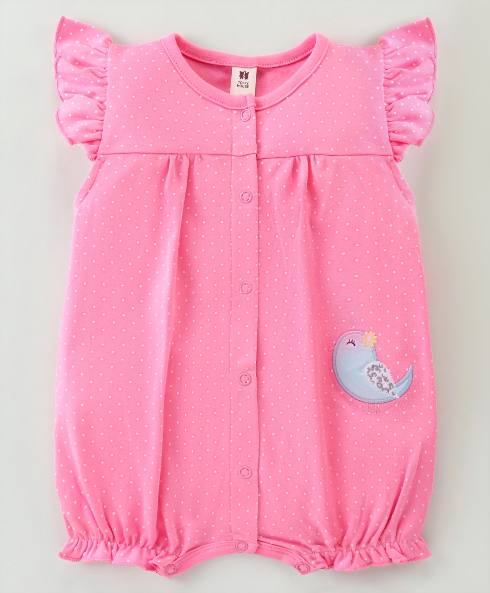 ToffyHouse Cotton Knit Frill Sleeves Romper with Polka Dot Print & Bird Applique - Pink-image-16