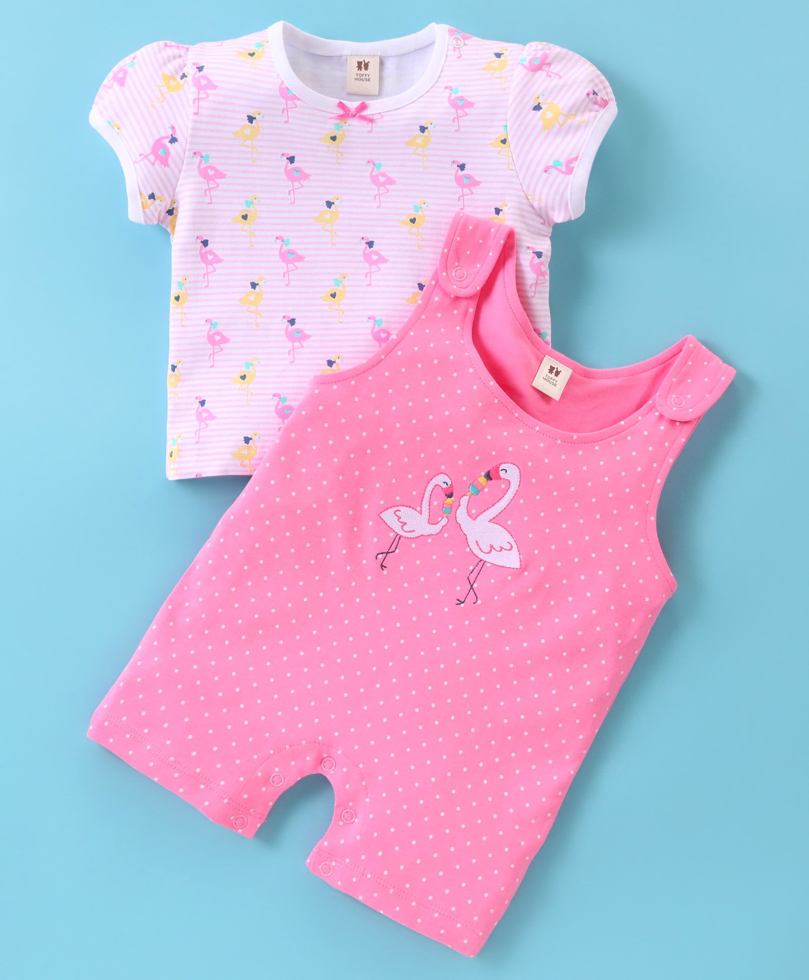 ToffyHouse Cotton Dungaree Style Romper with Half Sleeves Flamingo Printed Inner Tee - Pink-picture-20