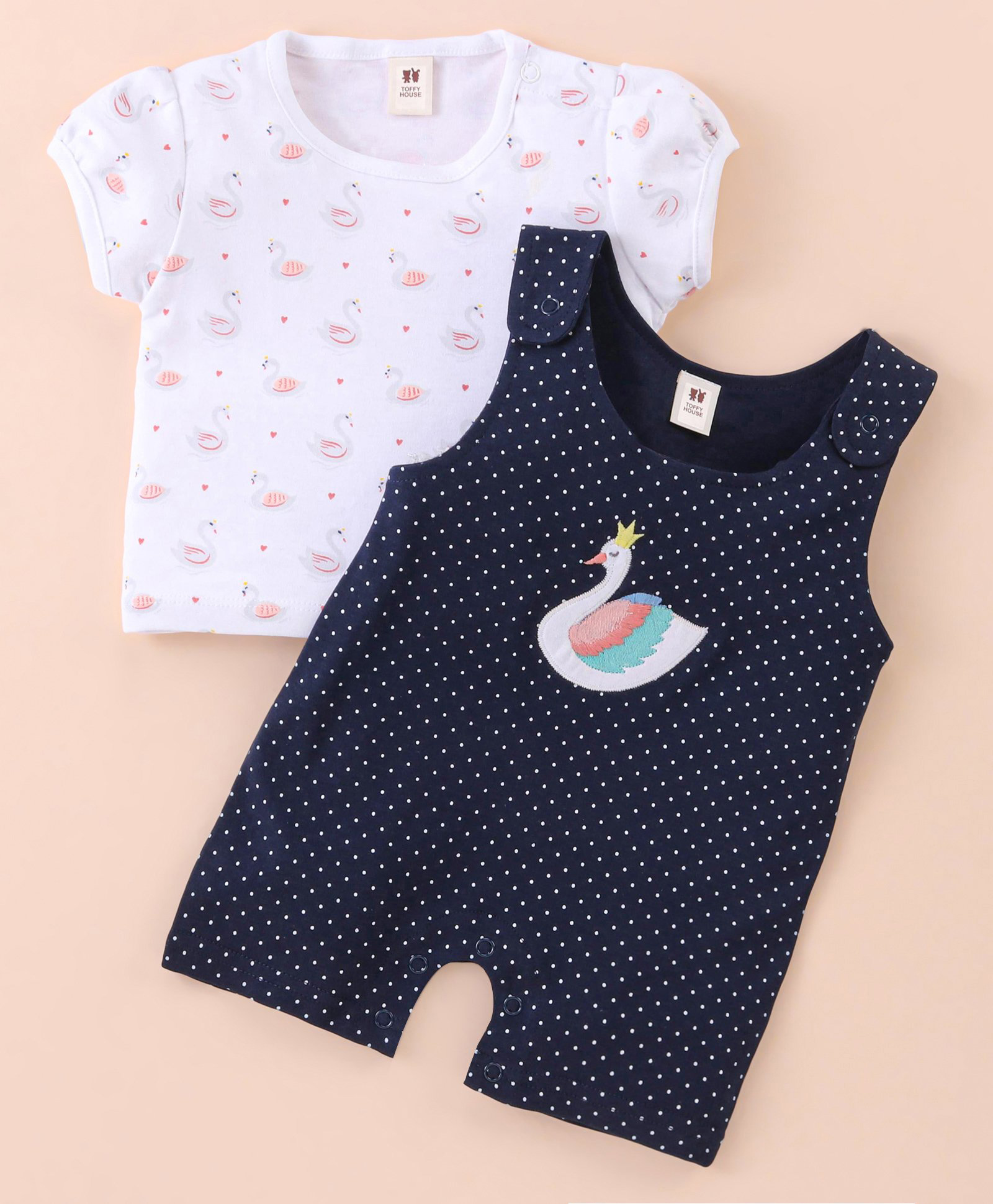 ToffyHouse Cotton Dungaree Style Romper with Half Sleeves Tee Swan Print & Applique - Navy Blue-picture-26
