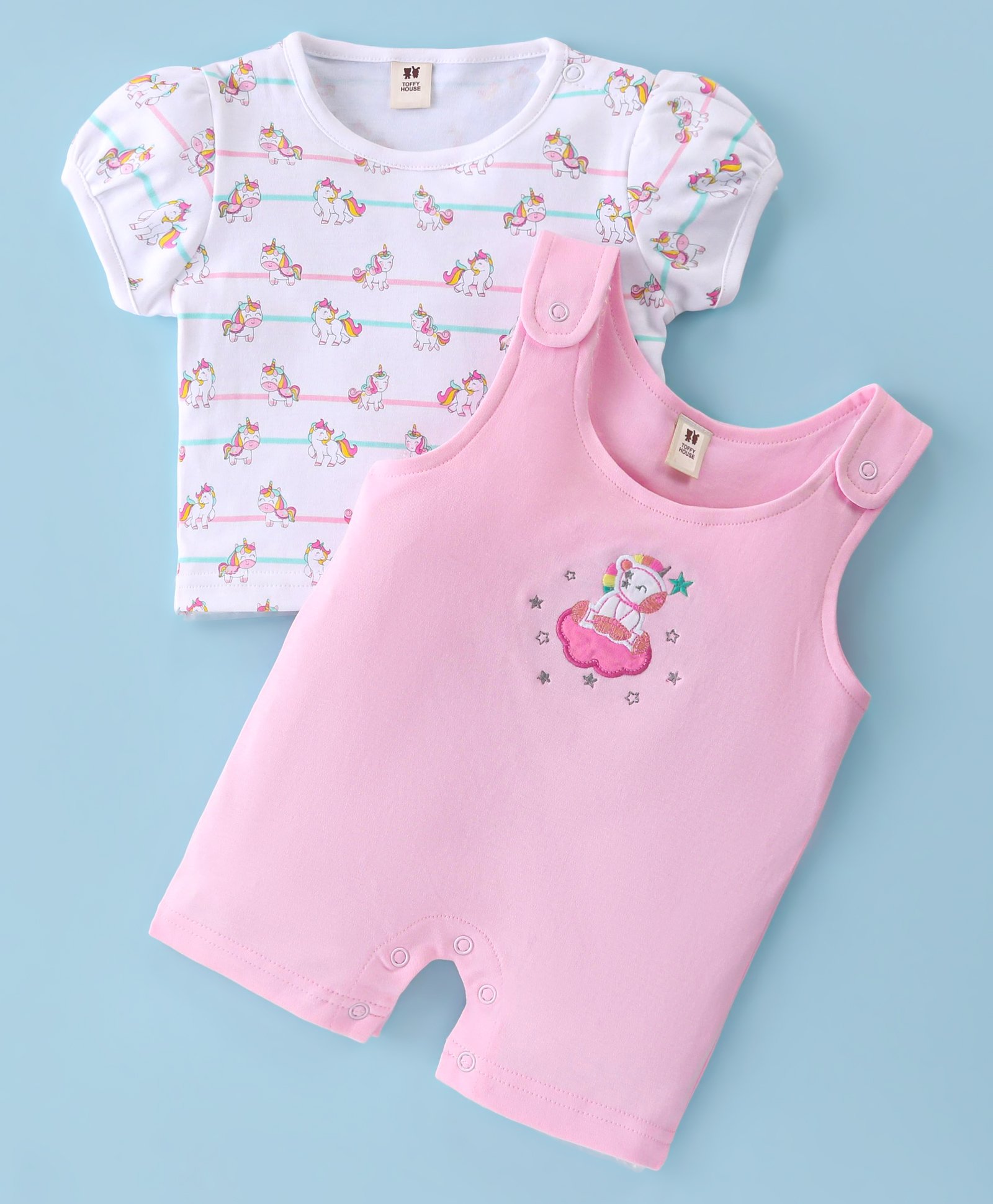 ToffyHouse Cotton Unicorn Embroidery  Dungaree Style Romper with Half Sleeves Printed Top - Light Pink-picture-21
