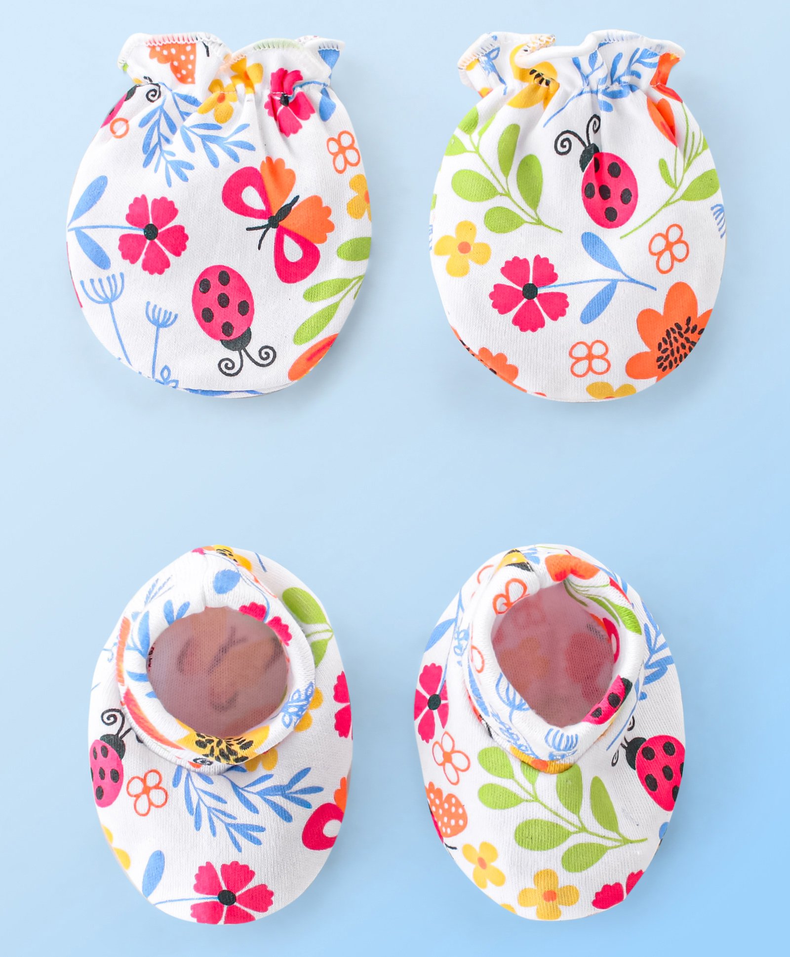 Babyhug 100% Cotton Knit Floral Print Mittens and Booties - Multicolor-image-8