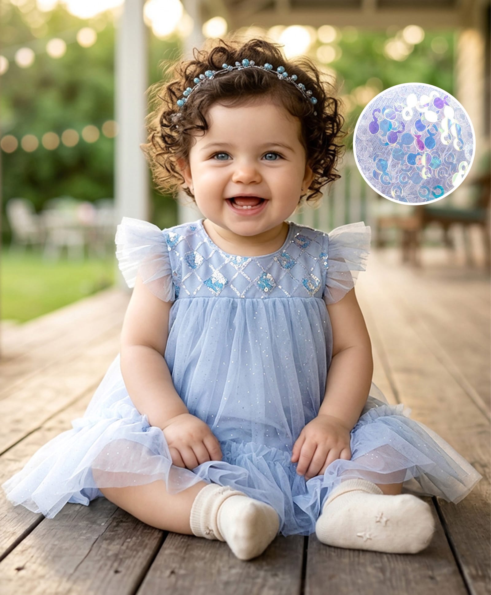 Mark & Mia Sleeveless Party Frock Style Onesie with Frill & Sequins Detailing - Blue-image-35