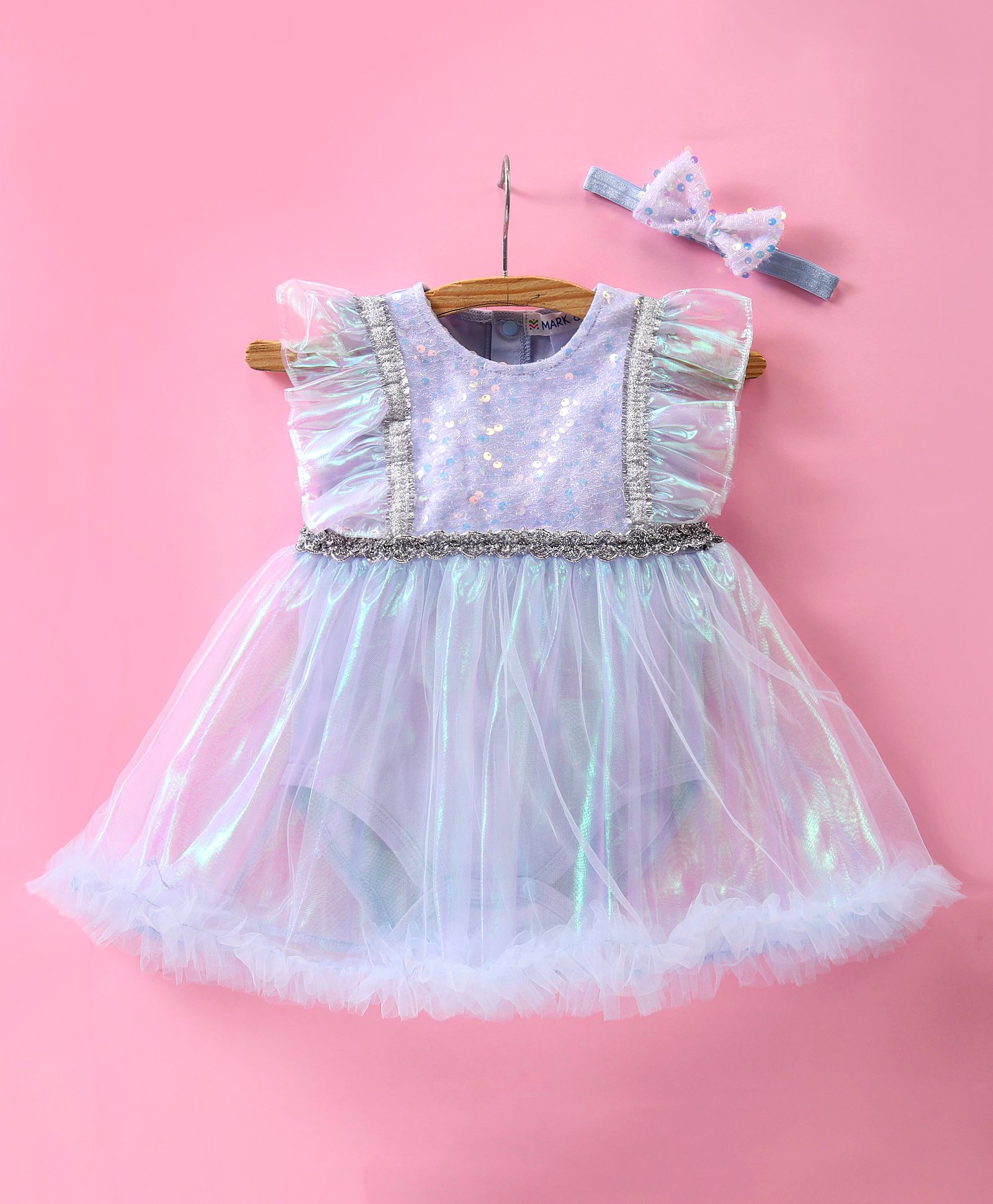 Mark & Mia Sleeveless Frock Style Party Onesie with Headband Sequin & Frill Detailing  - Blue-image-42