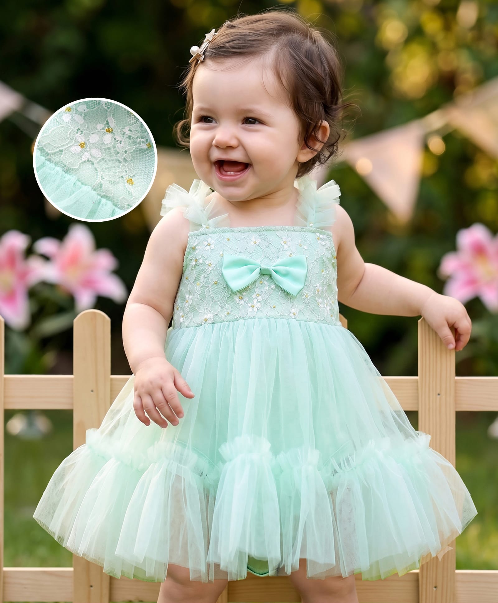 Mark & Mia Sleeveless Frock Style Party Onesie with Bow Applique - Green-picture-28