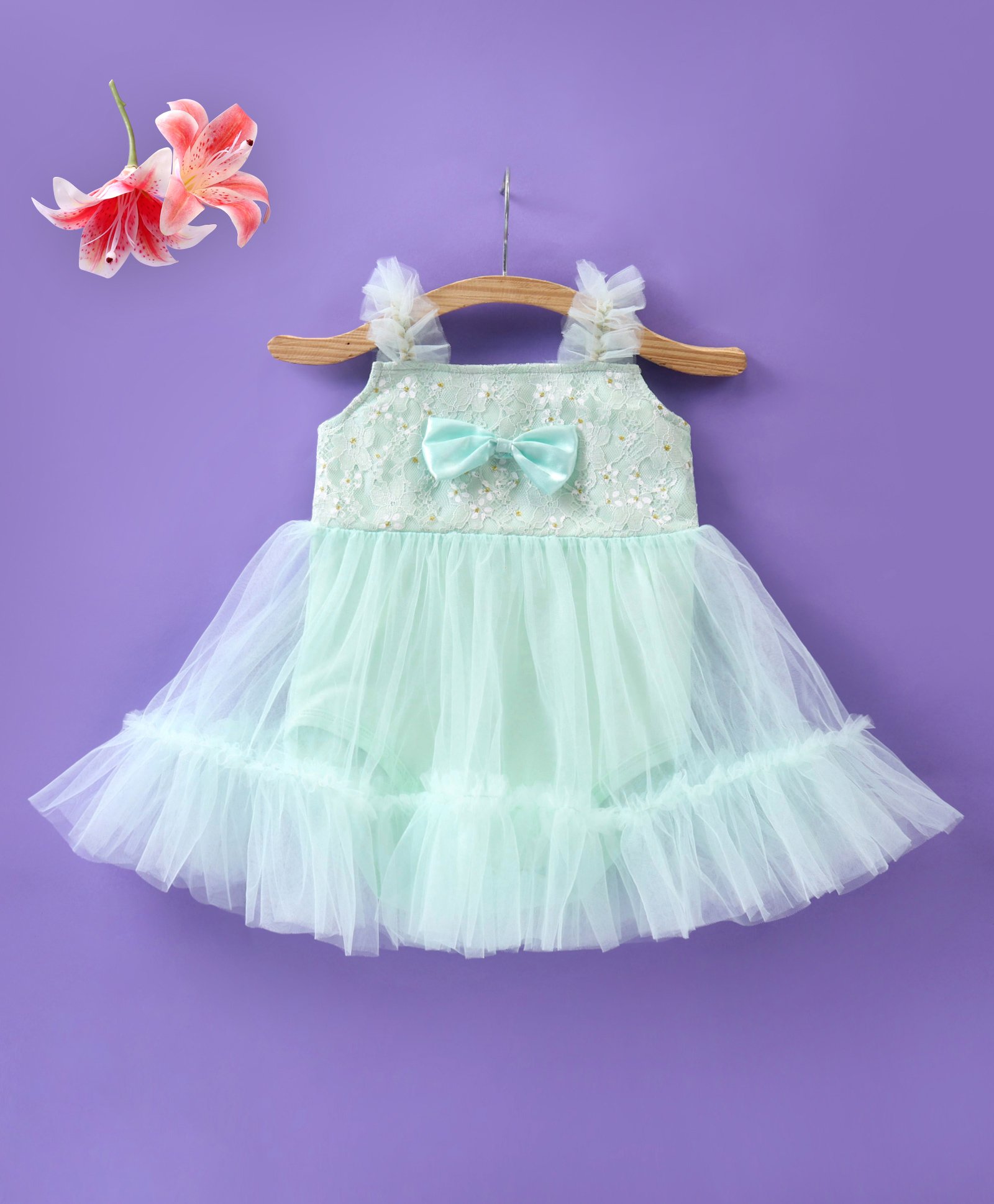 Mark & Mia Sleeveless Frock Style Party Onesie with Bow Applique - Green-picture-15